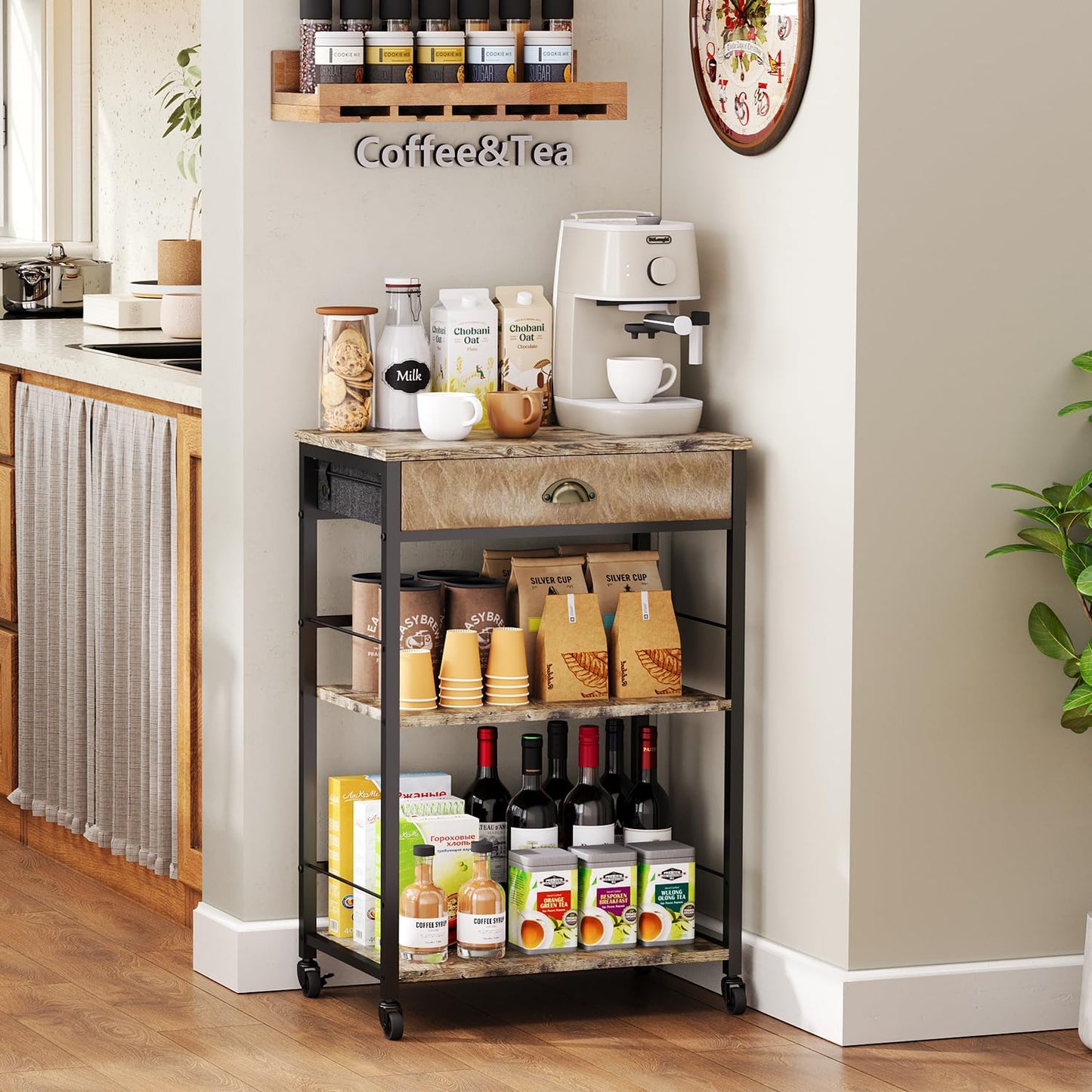 X-cosrack Coffee Bar Cart with Storage, 3-Tier Coffee Table with Drawer for Home Buffets & Sideboards,Coffee Station Corner Table with Rolling Wheels for Kichen, Entryway, Living Room-Patent