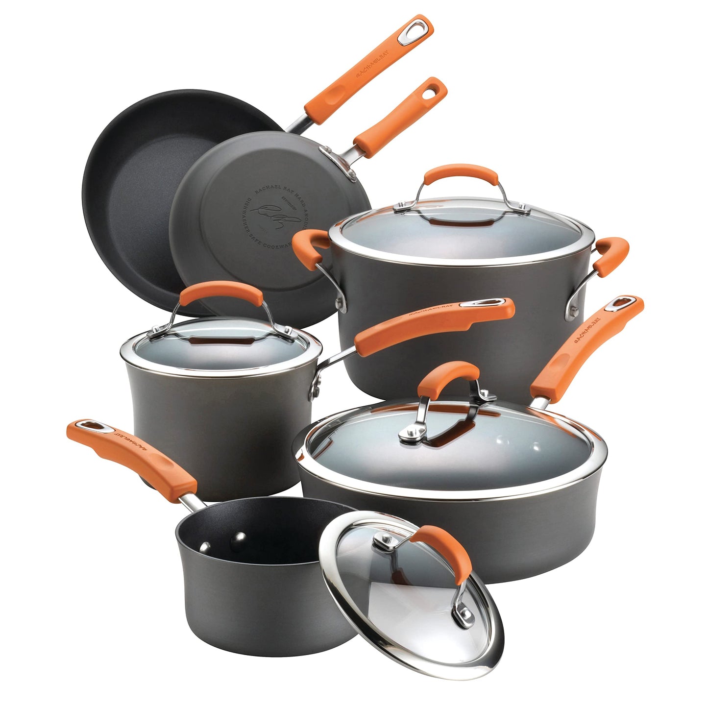 Rachael Ray Brights Hard-Anodized Aluminum Nonstick Cookware Set with Glass Lids, 10-Piece Pot and Pan Set, Gray with Orange Handles