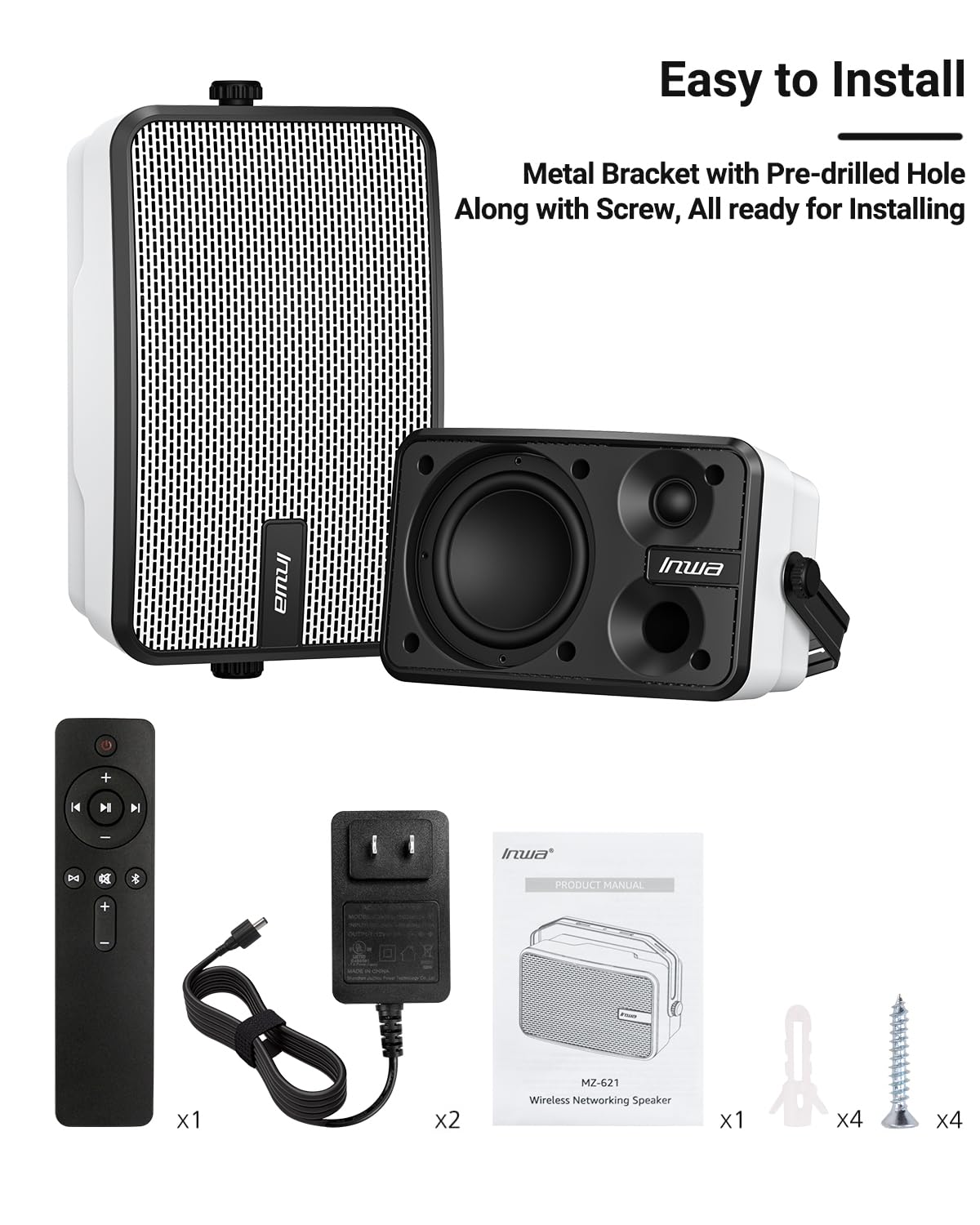 Inwa Outdoor Bluetooth Speakers, IPX5 Waterproof 400W Wall Mount Speaker, Powerful Indoor/Outdoor Sound System, Wireless Sync Up to 100 Speakers, Suitable for Patio/Porch/Gazebo/Garage(MZ-621, Pair)