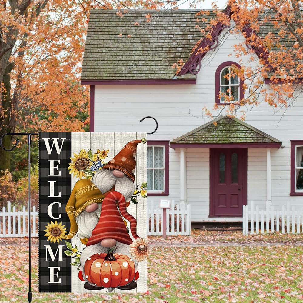 Welcome Pumpkin Fall Garden Flags Polka Dots Gnome Garden Flag Double Sided Burlap Autumn Holiday Maple Leaf Yard Outside Patio Lawn Decorations 12x18 Inch