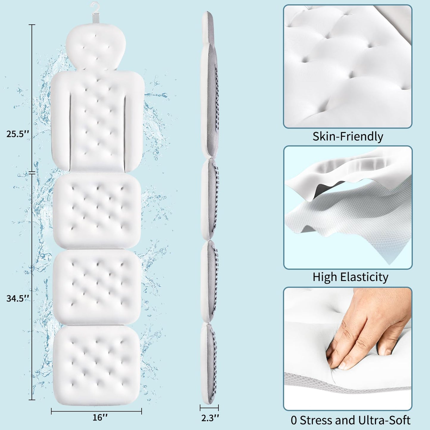 Full Body Bath Pillow for Bathtub, Thick Bathtub Cushion with Laundry Bag, Luxury Tub Pillow for Bath for Headrest Neck and Back Support White 60" x 16"