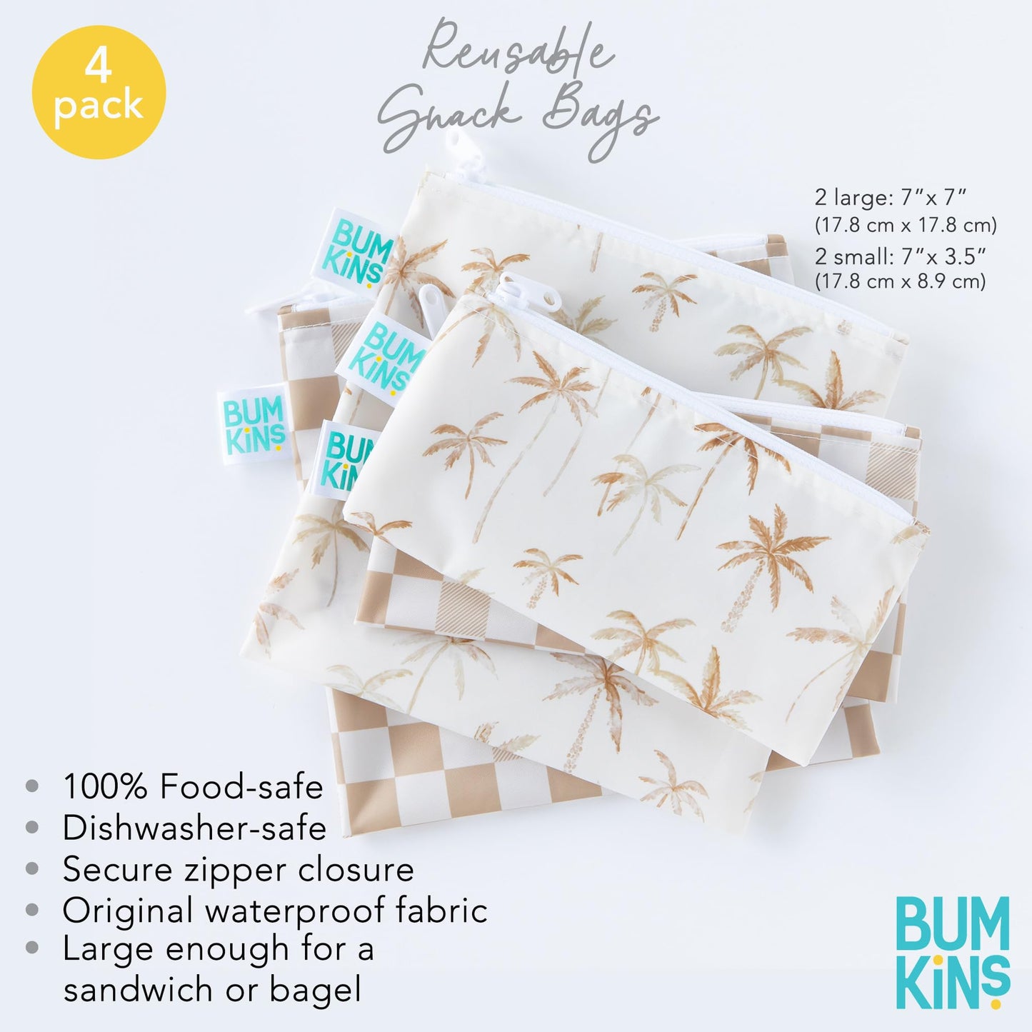 Bumkins -Cloth Snack & Sandwich Bags -For Storage, Travel, Food Prep, Lunch -Reusable, Water Resistant, Washable, Dishwasher Safe -Snack Bags for Kids -Zipper Closure -Beige Check & Palm Trees -4 Pack