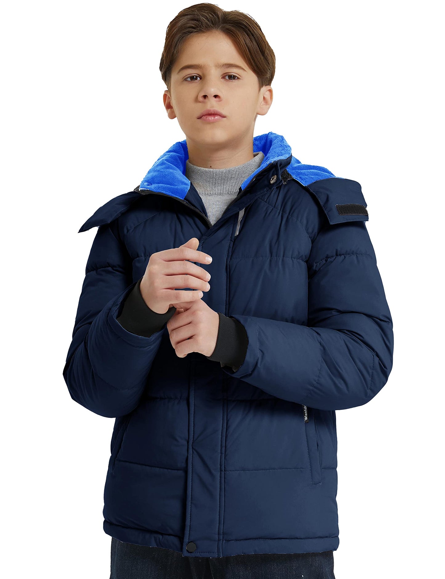 wantdo Boy's Waterproof Winter Coat Fleece Puffer Jacket with Hood Navy Size 6-7