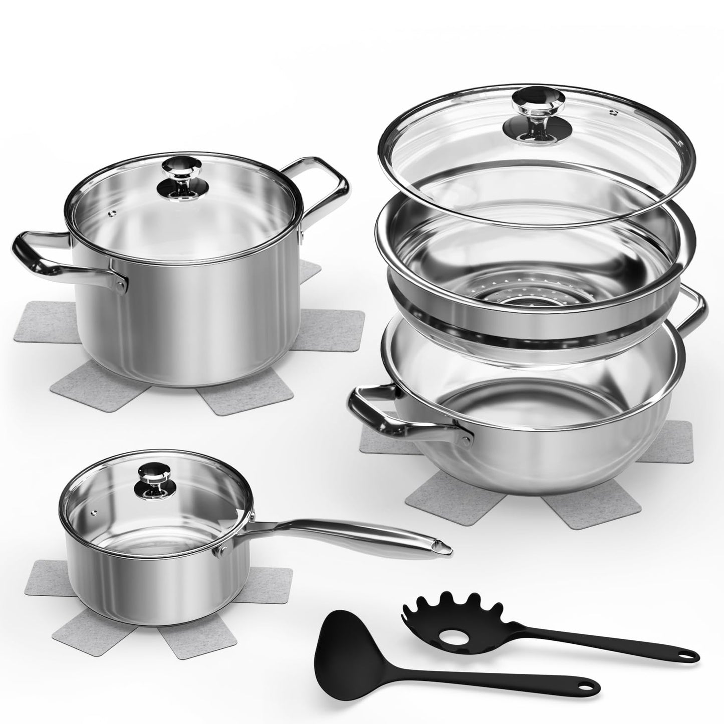 Pots and Pans Set,12-Piece Stainless Steel Cookware Set, Induction Ready Kitchen Cooking Set, Includes Saucepans, Stockpot, Steamer & Strainer Basket, Glass Lids, Dishwasher & Oven Safe