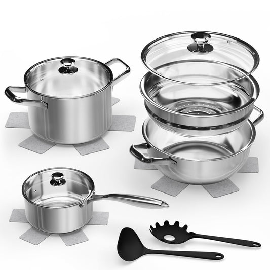 Pots and Pans Set,12-Piece Stainless Steel Cookware Set, Induction Ready Kitchen Cooking Set, Includes Saucepans, Stockpot, Steamer & Strainer Basket, Glass Lids, Dishwasher & Oven Safe