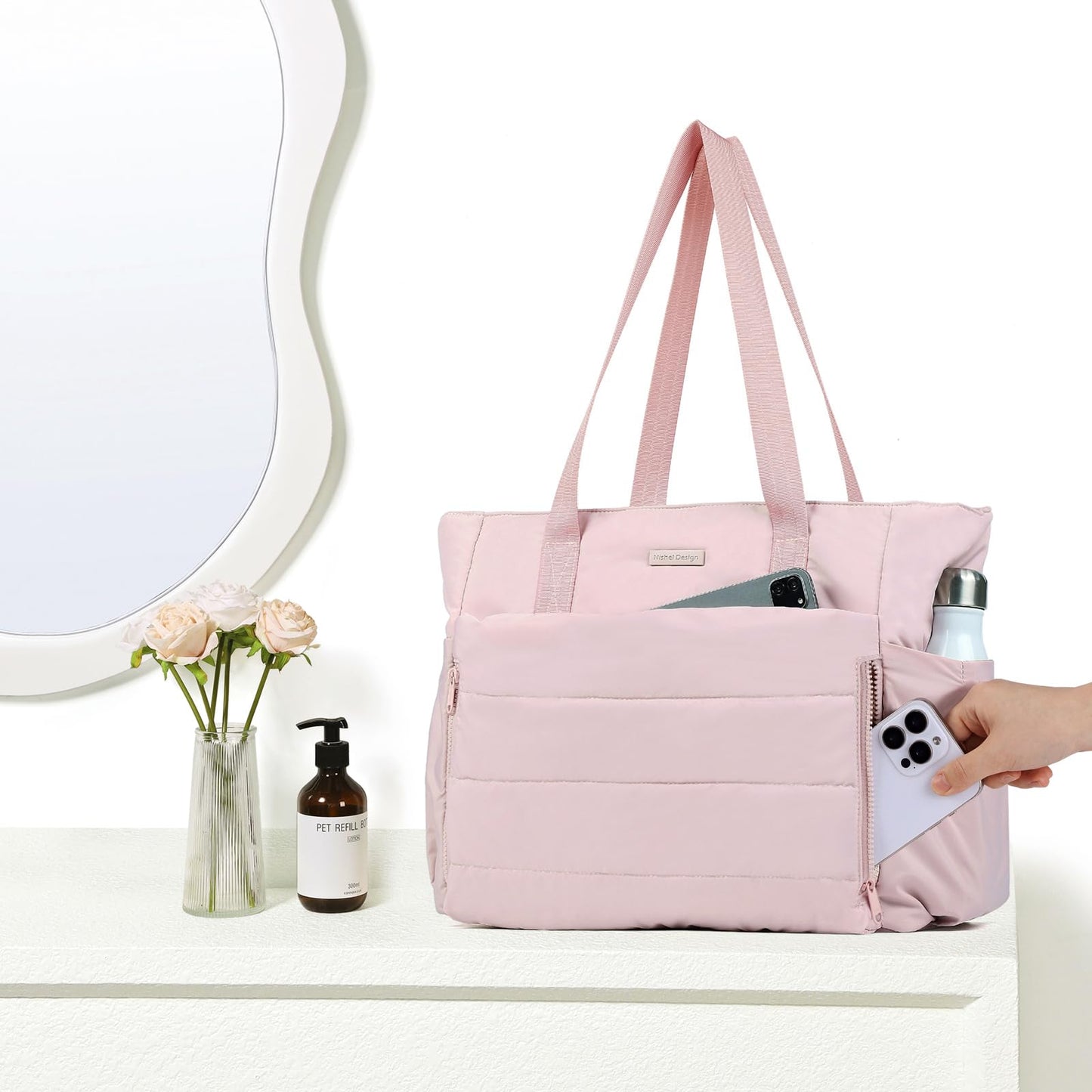 NISHEL Travel Puffy Tote Bag For Women, Ultra-Lightweight Large Tote Purse For Office Day And a Short Weekend Getaway, Pink
