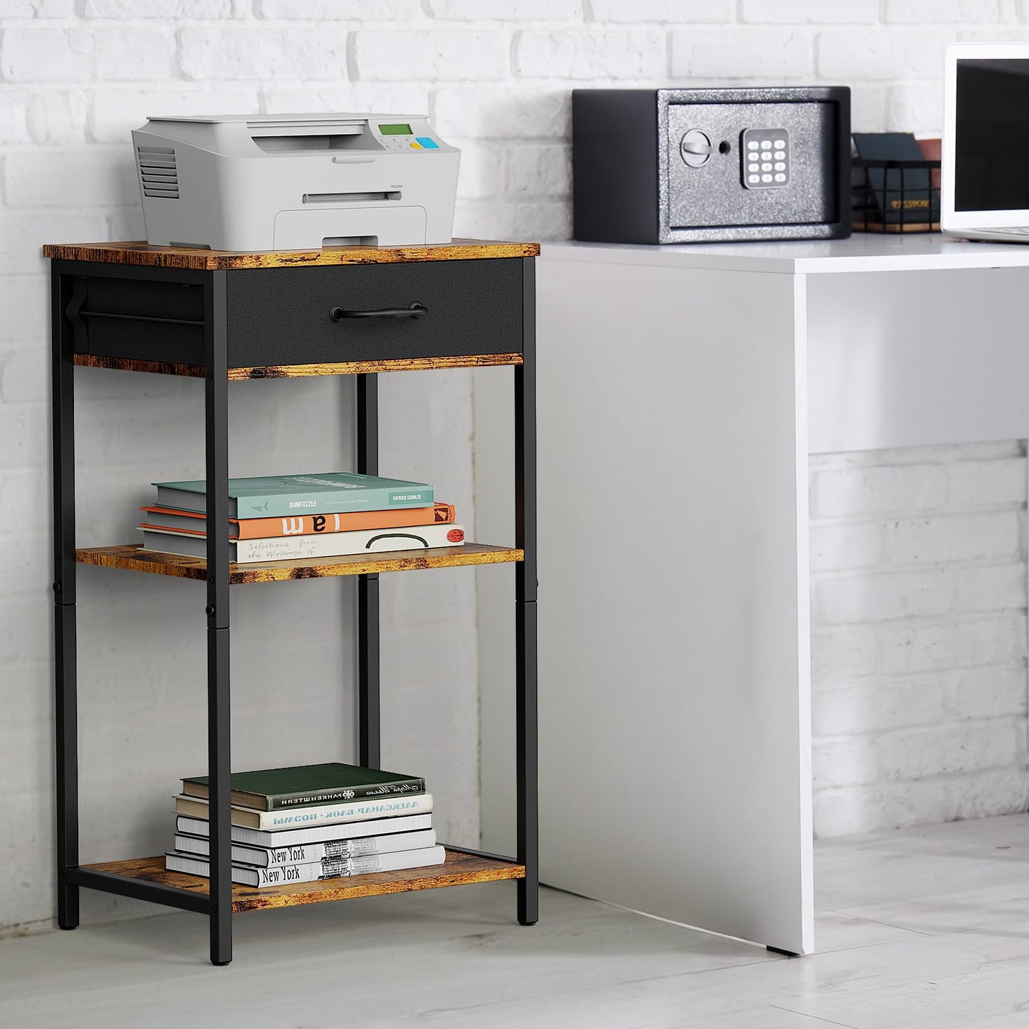 NORCEESAN Printer Stand with Storage, 3 Tier Printer Table for Small Spaces Nightstand with Fabric Drawers Office Side Table with Shelves Industrial Wood Night Stand for Home, Rustic Brown