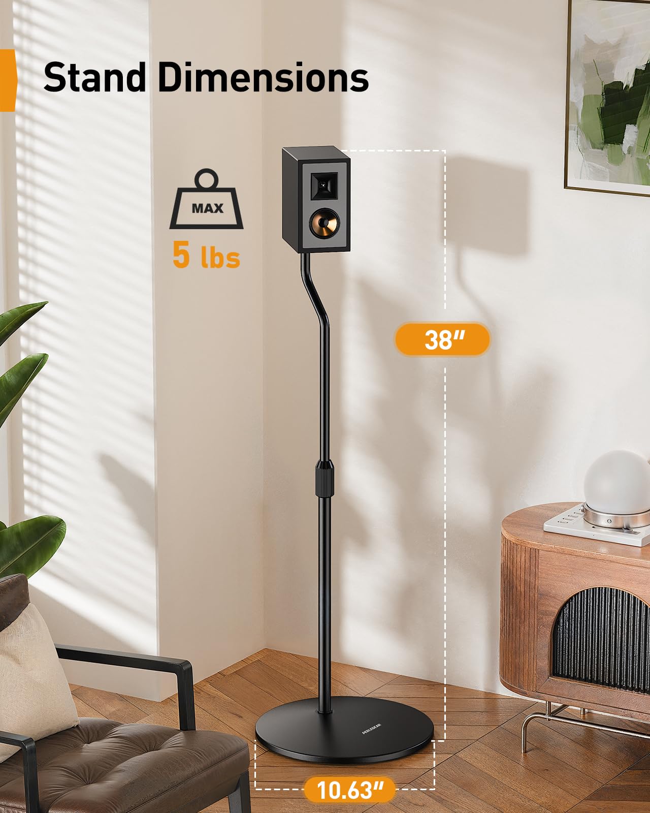 Perlegear Speaker Stand Pair, 28” to 38” Height Adjustable Surround Sound Speaker Stands for Small Bookshelf, Satellite Speakers, and Studio Monitors up to 5lbs, Tool-Free Floor Speaker Stand, PGSS11