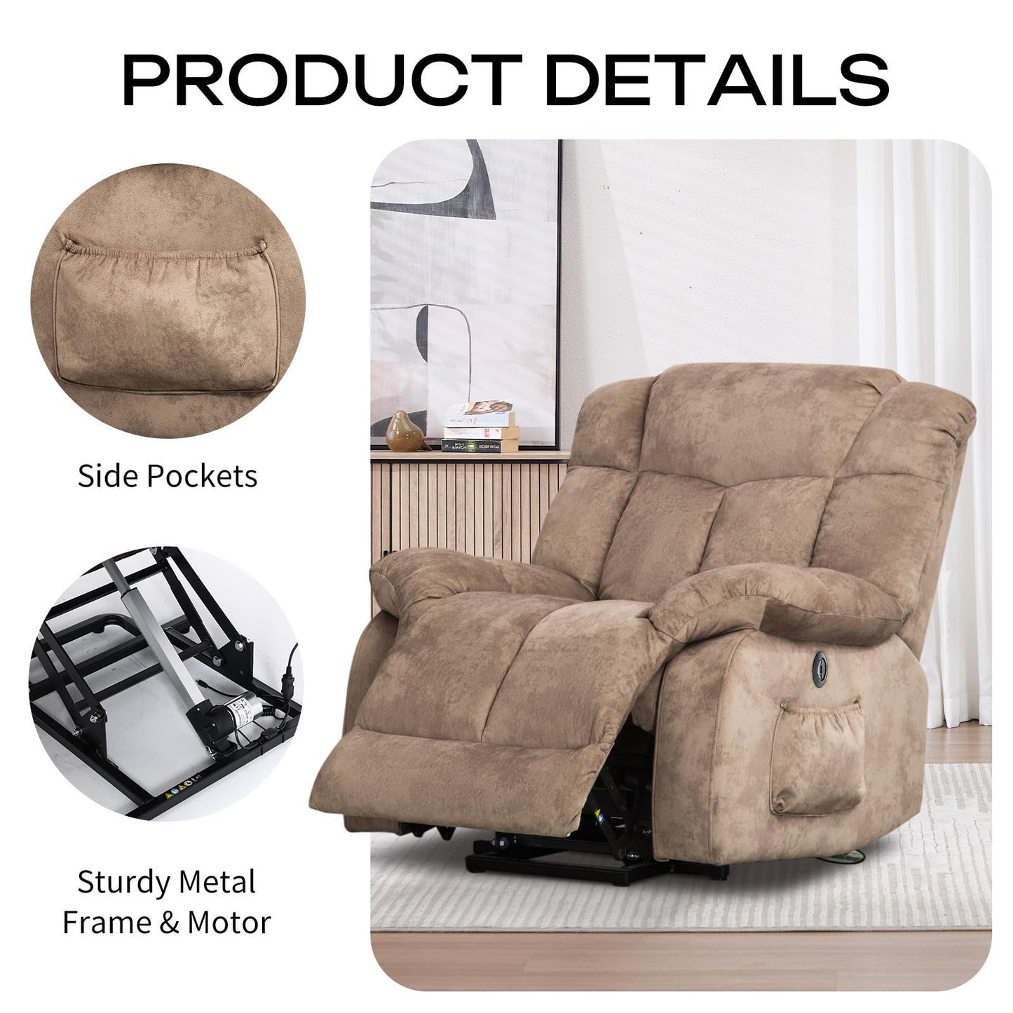CANMOV Power Lift Recliner Chair for Elderly, Heavy Duty and Safety Motion Reclining Mechanism-Antiskid Fabric Sofa Living Room Chair with Overstuffed Design, Light Tan