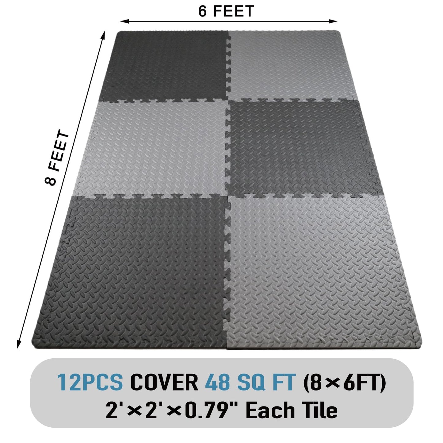 AIRHOP Upgraded 0.79" Extra Thick 48 Sq Ft High-Density Eva Foam Exercise Gym Mats, 12 Pcs Large Interlocking Puzzle Floor Tiles (24"x24") for Home Gym, Black&Gray