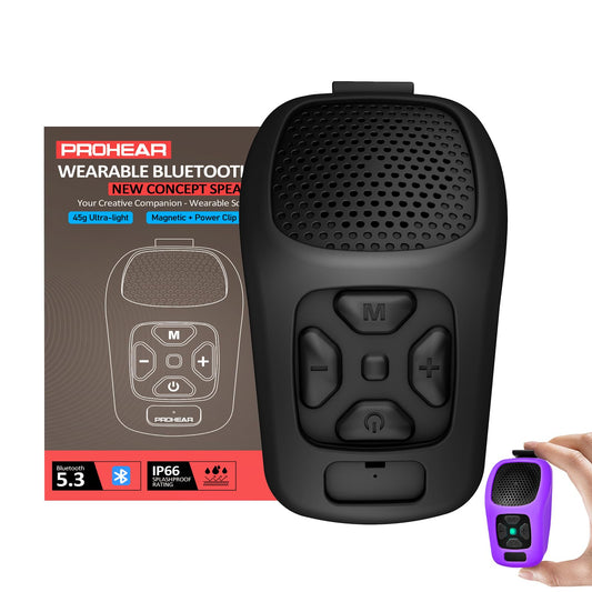 PROHEAR MC001 Wearable Bluetooth Speaker - 45g Portable Small Speaker with Magnetic Clip-On, IP66 Waterproof Certified, Built-in Mic, Voice Assistant for Hands Free Calls, Working Man Gifts(Black)