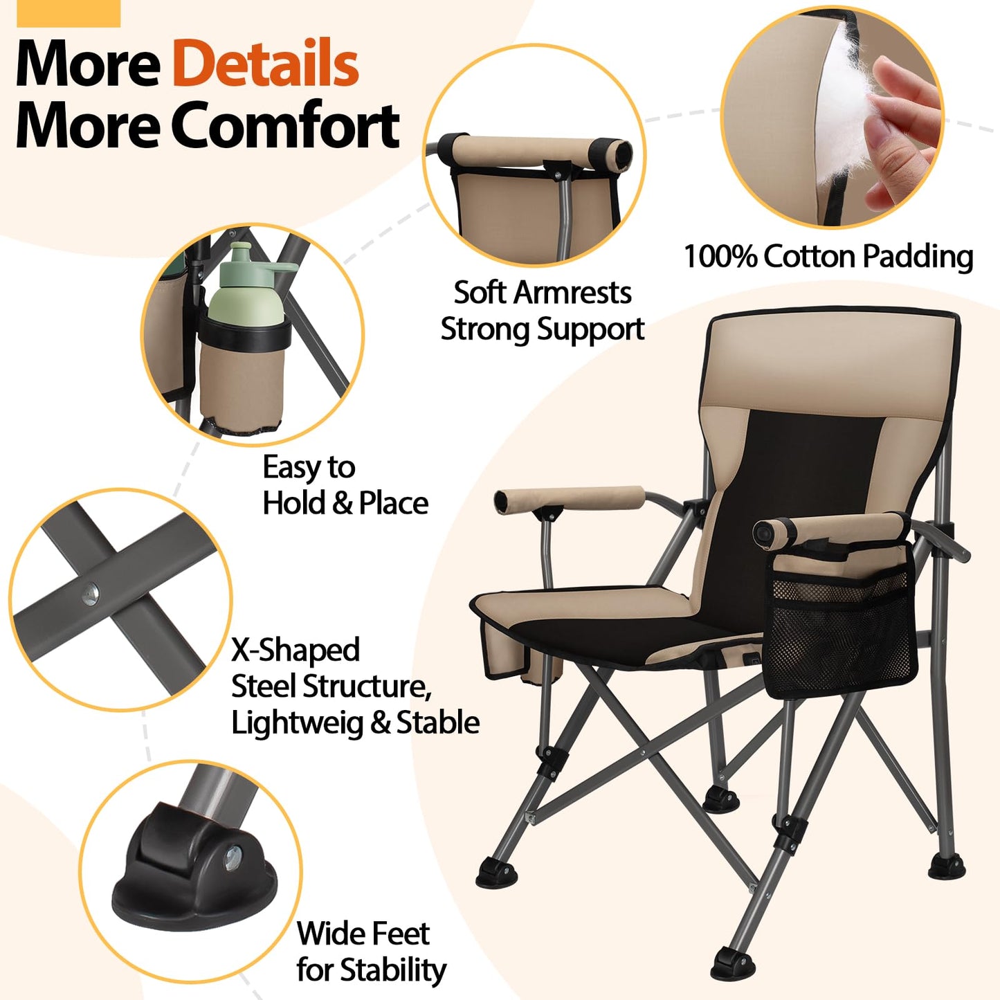 QUYUAN Heated Camping Chair with 20,000 mAh Battery, Fully Padded Heated Camp Chairs, Loog-Lasting for 500 Mins, Heavy Duty Folding Chairs Supports 500 lbs for Camping, Outdoor Sports, Picnics, Beach