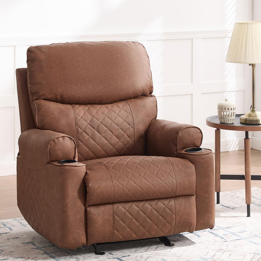 Leather Rocker Recliner with Cup Holder, Manual Reclining Chair for Living Room, Modern Home Theater Lounge Seating with Soft Padded Seat for Comfort (Faux Leather,Brown)