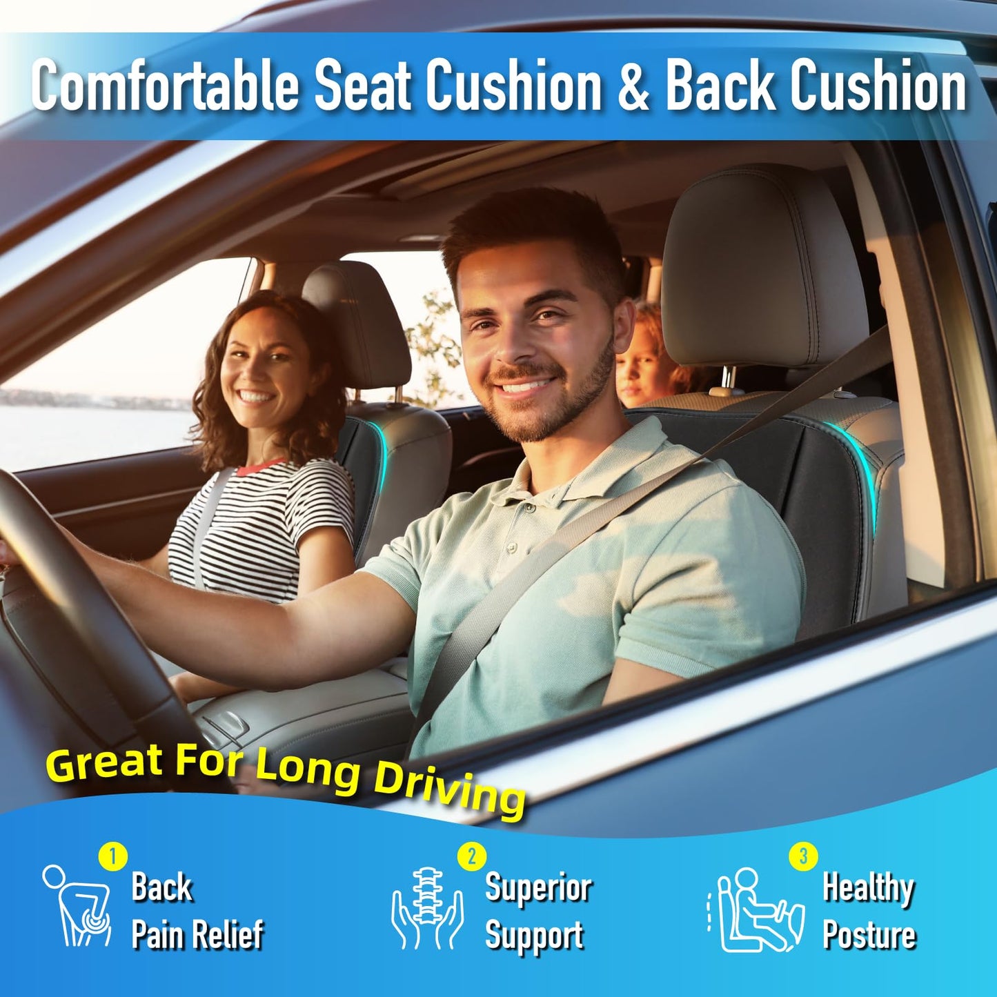 Lofty Aim Car Seat Cushion with Back Support Pillow, Comfy Lumbar Support & Seat Cushion, Memory Foam Driving Pillow for Back-Sciatica Pain Relief, Auto Pad Suitable for Car, Truck, SUV - Black