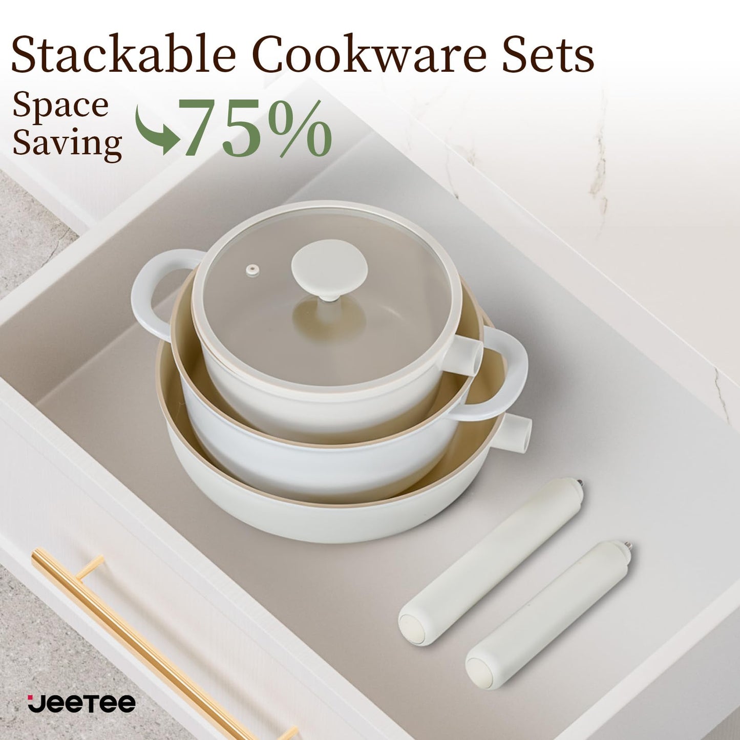 JEETEE Ceramic Cookware Set, 13 Pcs Pots and Pans Set Nonstick with Rotation Removable Handles, Healthy Non-Toxic Cooking Set for All Stoves, Stackable Pots Pans, Oven Safe, PFOA/PFOS Free, Cream