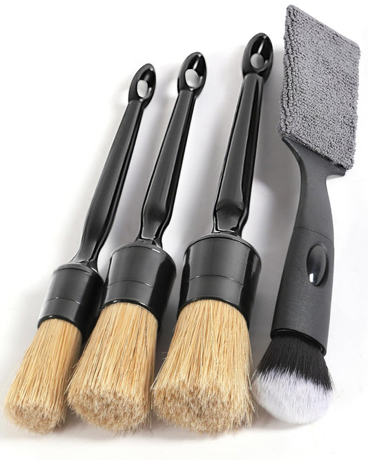 Car Detailing Brush Set, 4 PCS Soft Boars Hair Auto Interior Cleaning Detail Brushes, Perfect for Safely Cleaning Emblem Air Vent, Leather Seats, Washing Wheels, Tires, Engine Bay, Car Detailing Kit