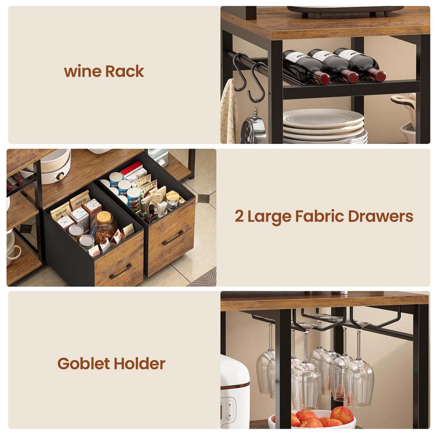 Itaar 47.2 Inch Coffee Bar Cabinet with Power Outlet, Farmhouse Bakers Rack with Storage, Kitchen Microwave Stand with Wine Rack, LED Light, Glass Cabinet, Goblet Holder and 12 Hooks (Rustic Brown)