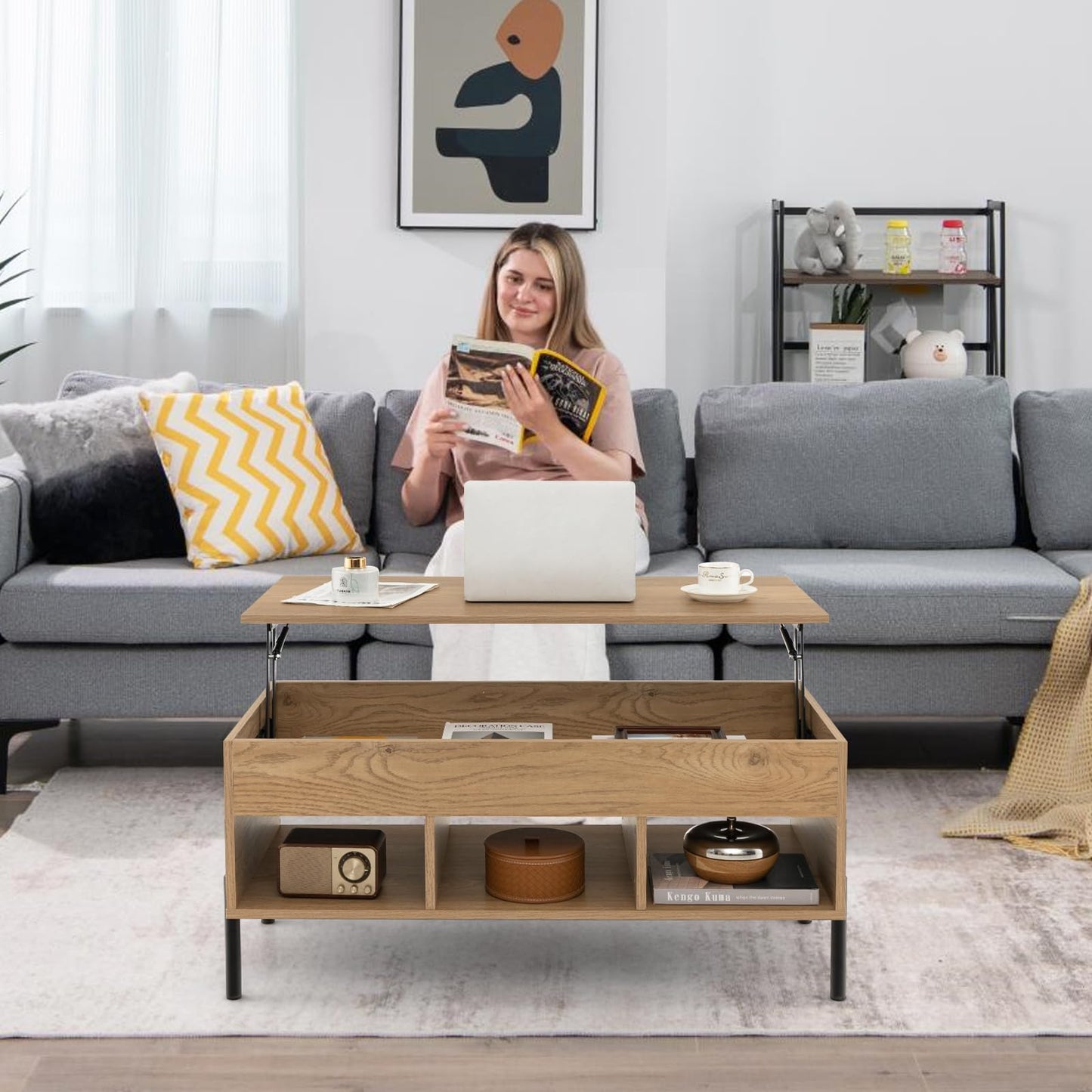 Giantex Lift Top Coffee Table - Rectangular Wooden Table w/Hidden Compartment & Open Storage Shelves, Multifunctional Modern Flip Top Center Table for Living Room, Reception Room, Office (Natural)