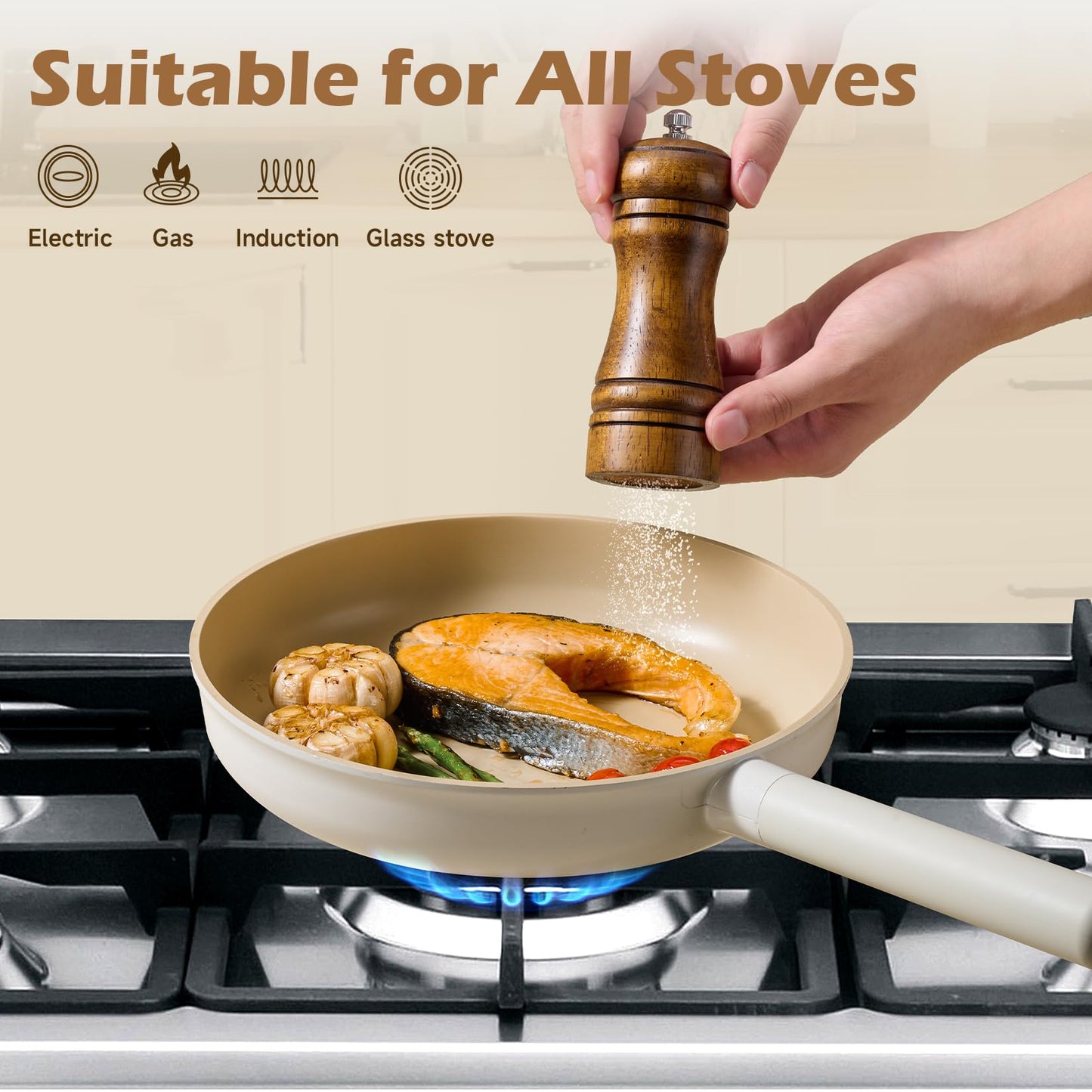 JEETEE Ceramic Cookware Sets 17pcs, Pots and Pans Set Non Stick, Healthy Induction Kitchen Cooking Set with Removable Handles, Stackable Pots Pans, Oven Safe, PFOA/PFOS Free, Beige