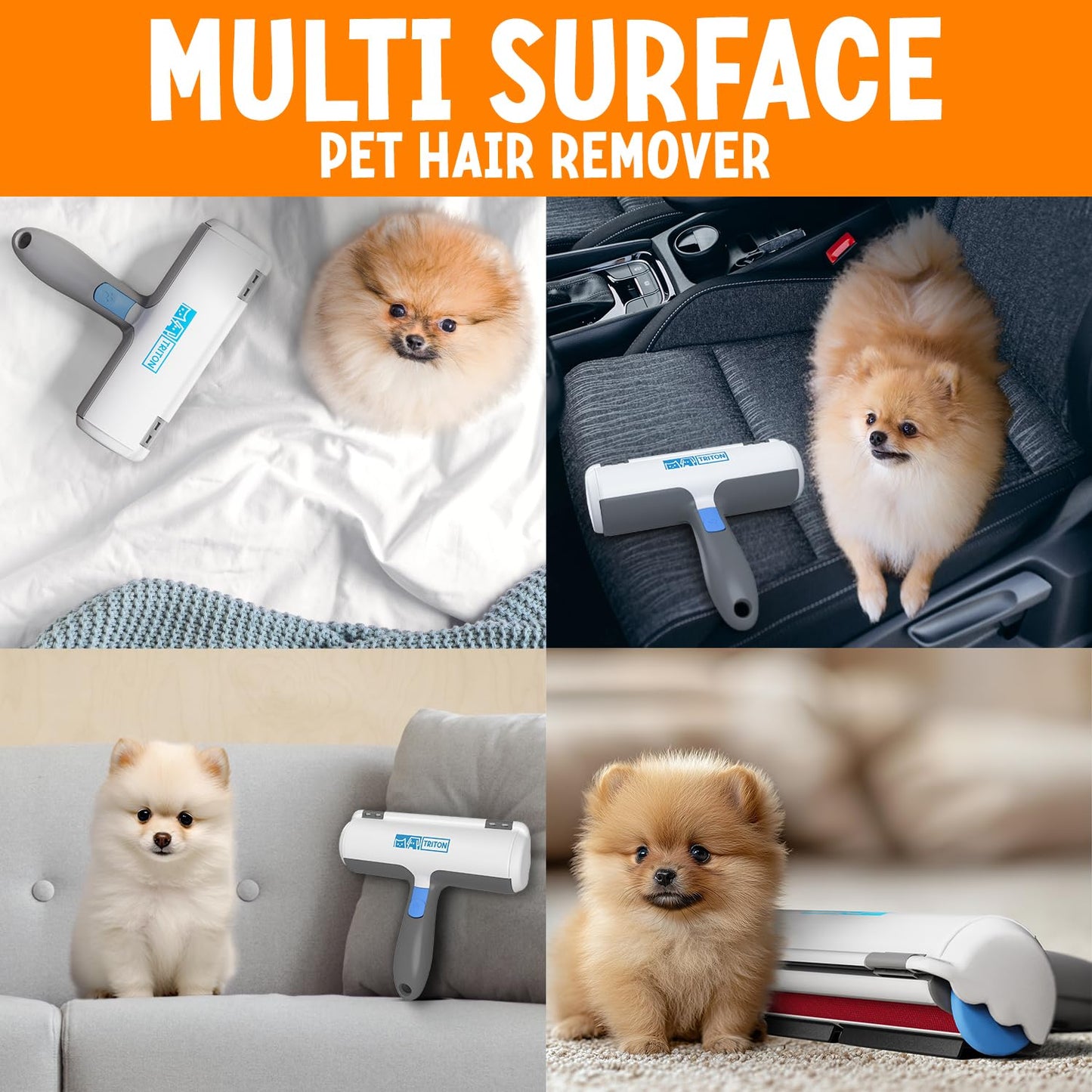 Triton Pet Hair Remover w/Fur Trapping Compartment - Easy to Use Pet Hair Removal Tool - Cat & Dog Hair Remover for Couch, Furniture, Clothes, Bedding, Car - Reusable Lint Roller