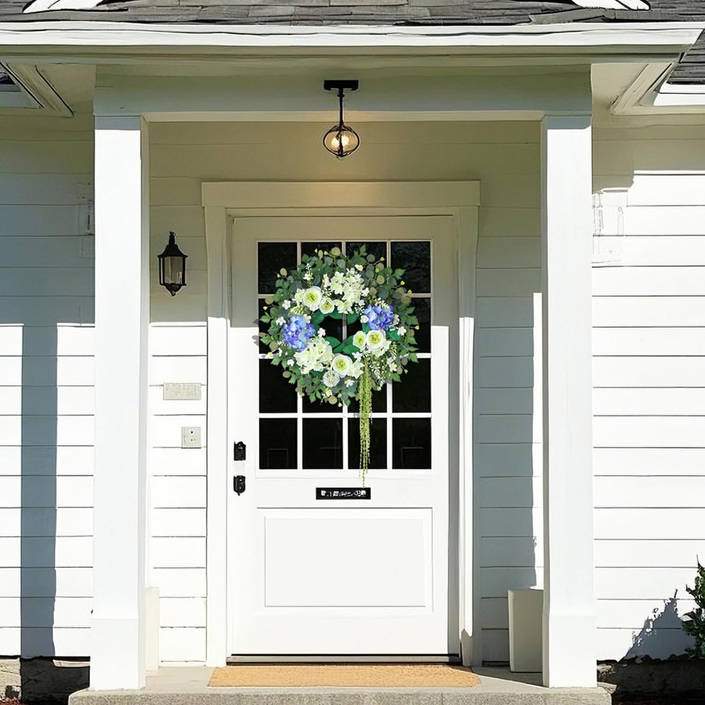 26" Hydrangea & Eucalyptus Wreath for Front Door, Porch, Window - Large Artificial Silk Flowers Outdoor Wreath for Home, Farmhouse, Wedding Decor - Spring, Summer, All Seasons (White&Purple)