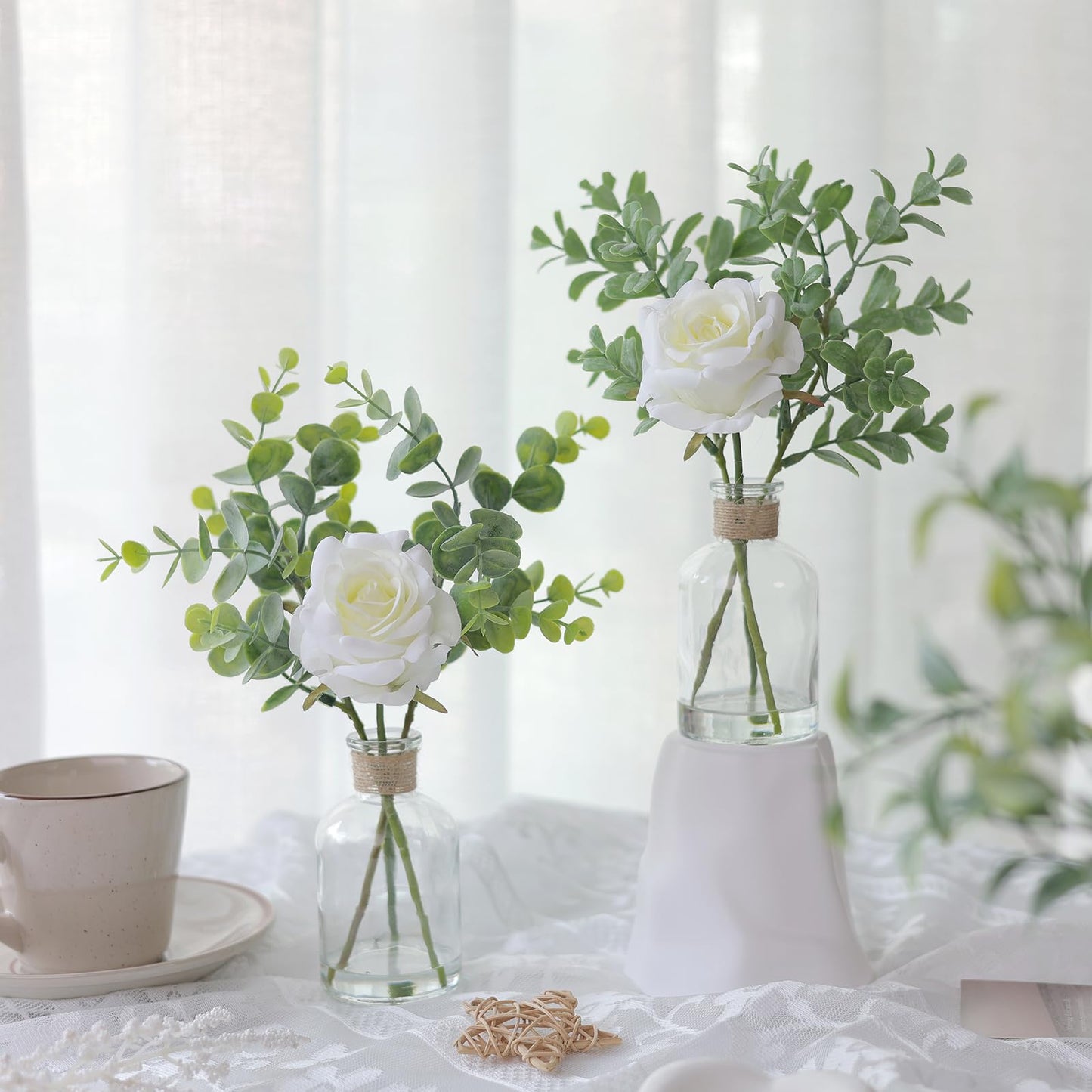 3 Pack Mini Fake Plants and Artificial Flowers with Faux Water in Vase,Silk Roses and Eucalyptus with Fake Water in Glass Vase for Centerpiece Table Decorations Kitchens Office Home decor (White)