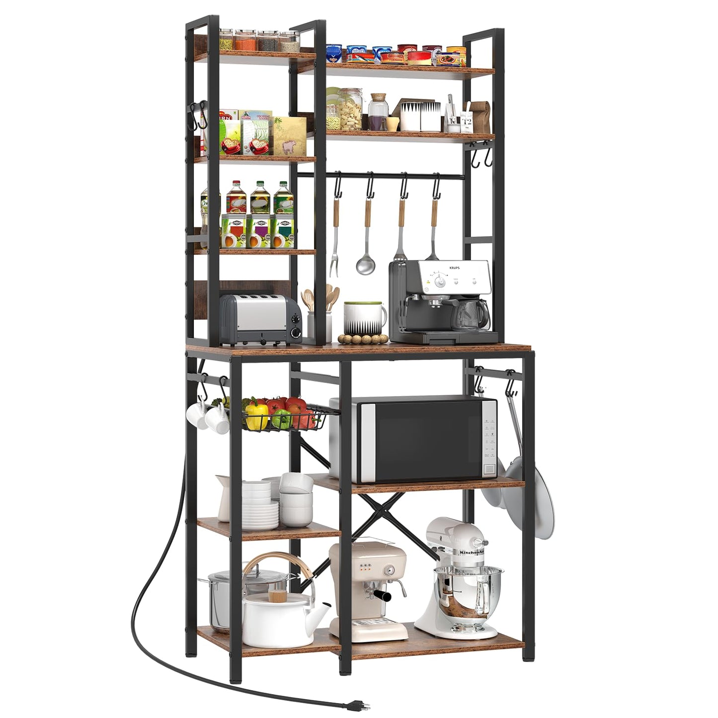 Airynee Bakers Rack with Power Outlet, 7-Tier Microwave Stand, Large Coffee Bar Stand with 12 Hooks & Wire Basket, Metal Kitchen Shelf Organizer for Pots, Spices, Easy Assembly, Rustic Brown