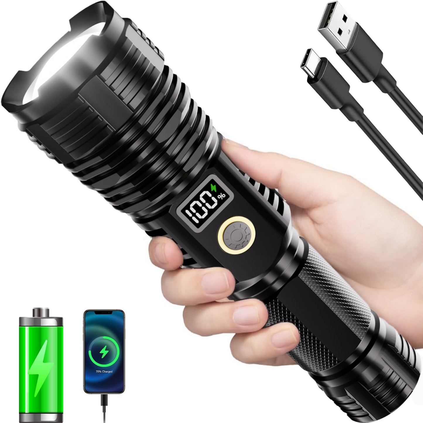 Flashlights High Lumens Rechargeable, 2000LM LED Super Bright Flash Light, Zoomable Linternas with LCD Digital Display, 5 Mode, Waterproof, Powerful Tactical Flashlight for Emergencies Camping Gift