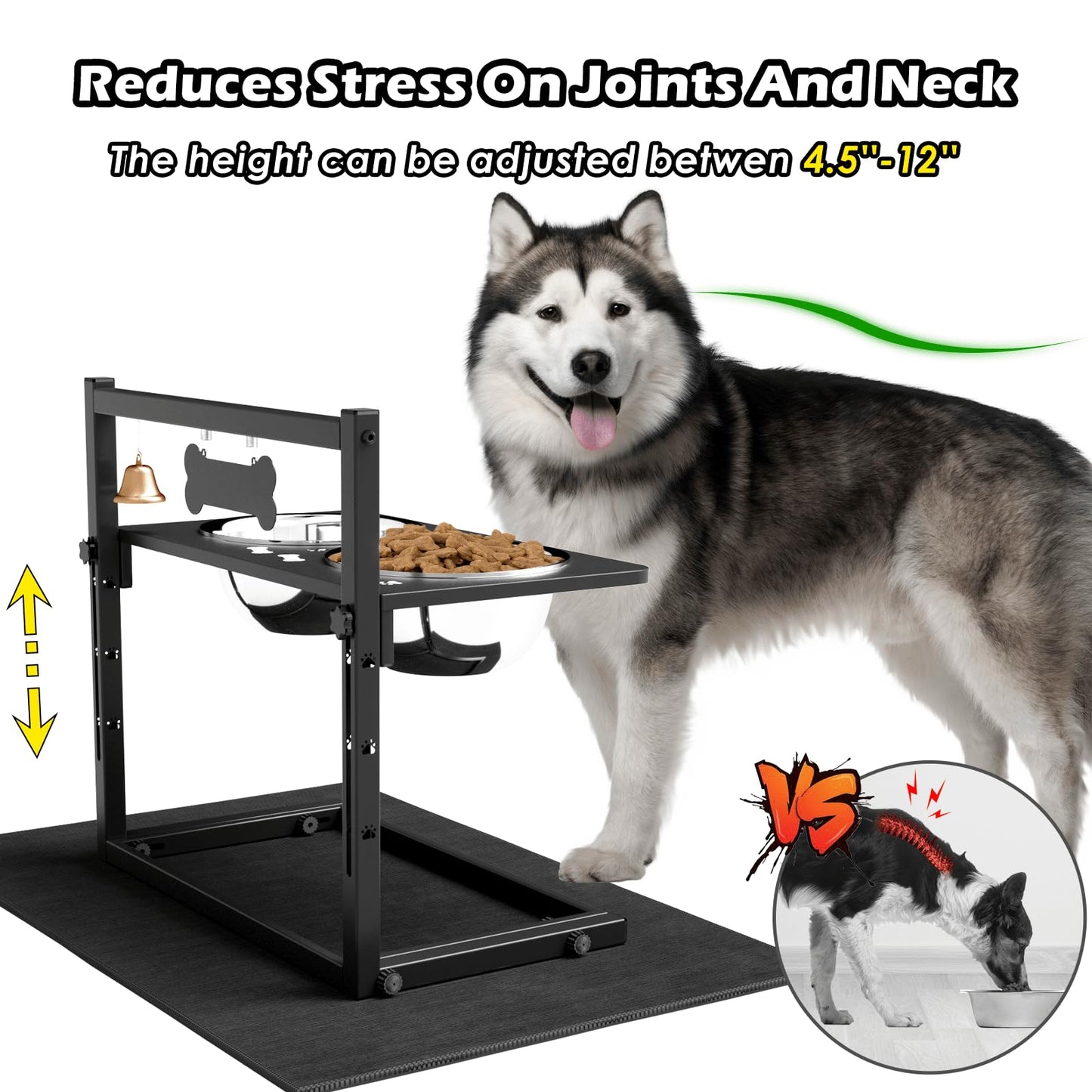 SHAINFUN Elevated Dog Bowls with Mat, Adjustable Height 4.3''-11.8'', Metal Stand, Two 1.7L Stainless Steel Food & Water Bowls for Large, Medium Dogs