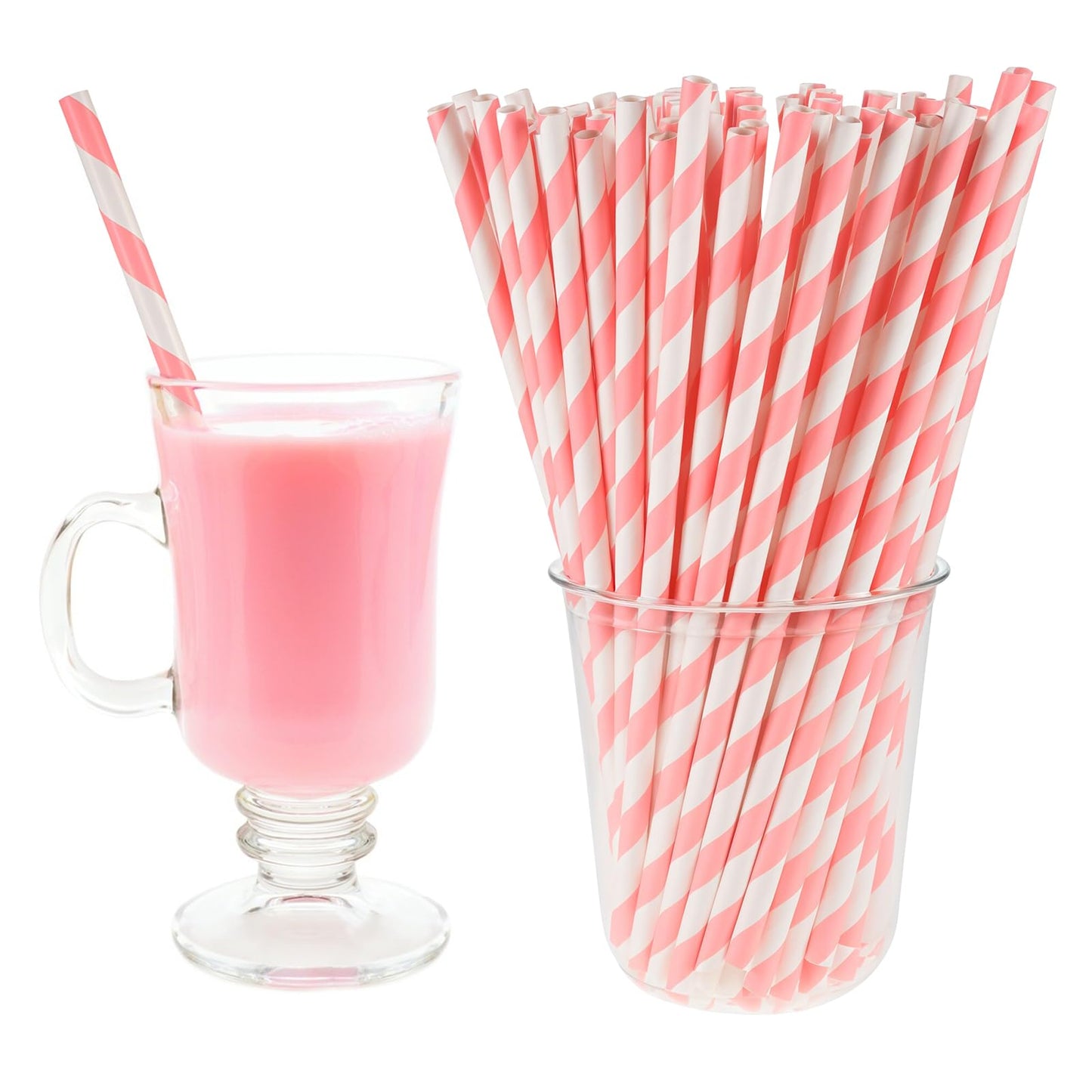 Paper Straws, 100 Pcs Pink Striped Straws, 7.8 Inch Disposable Flexible Party Drinking Straw for New Year Birthday Wedding Cocktail Milkshake Coffee Juice Cold Drinks, Party Decorations