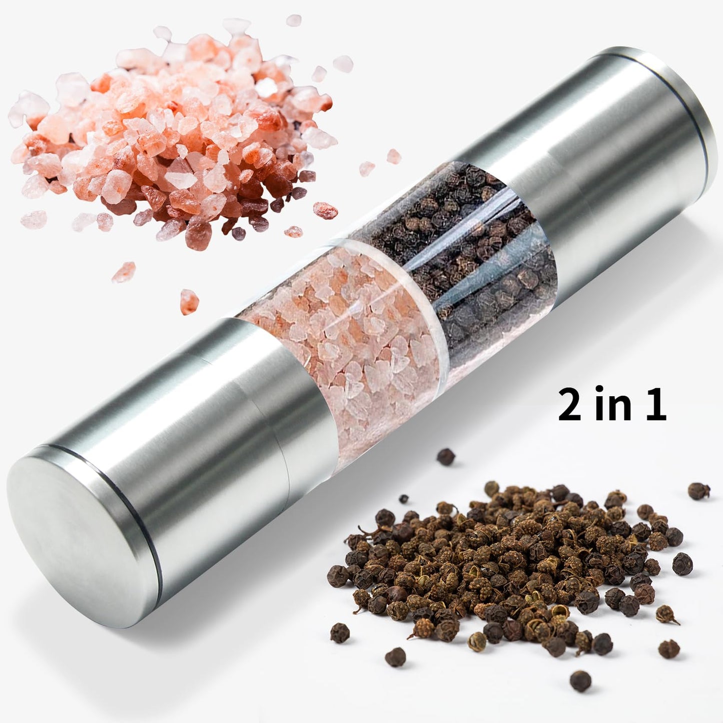 2 in 1 Salt and Pepper Grinder Stainless Steel Pepper Mill Grinder Refillable Adjustable Coarseness Mills for Sea Salt, Small Peppercorn, Black Pepper