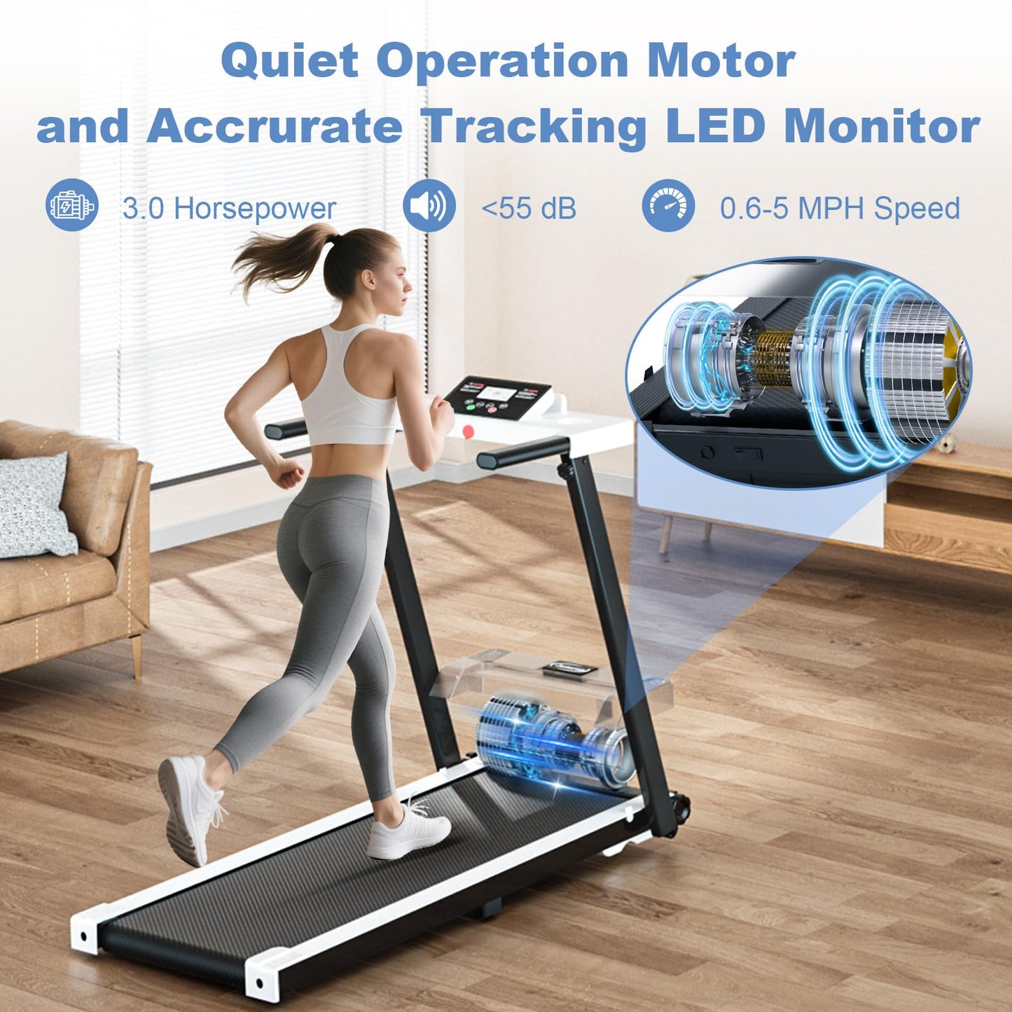 Juturna Treadmills for Home, Walking Pad with Handle Bar, Portable Foldable Treadmill, 3.0 HP Walking Pad with 300 LBS Capacity, Folding Treadmill with LED Display, White