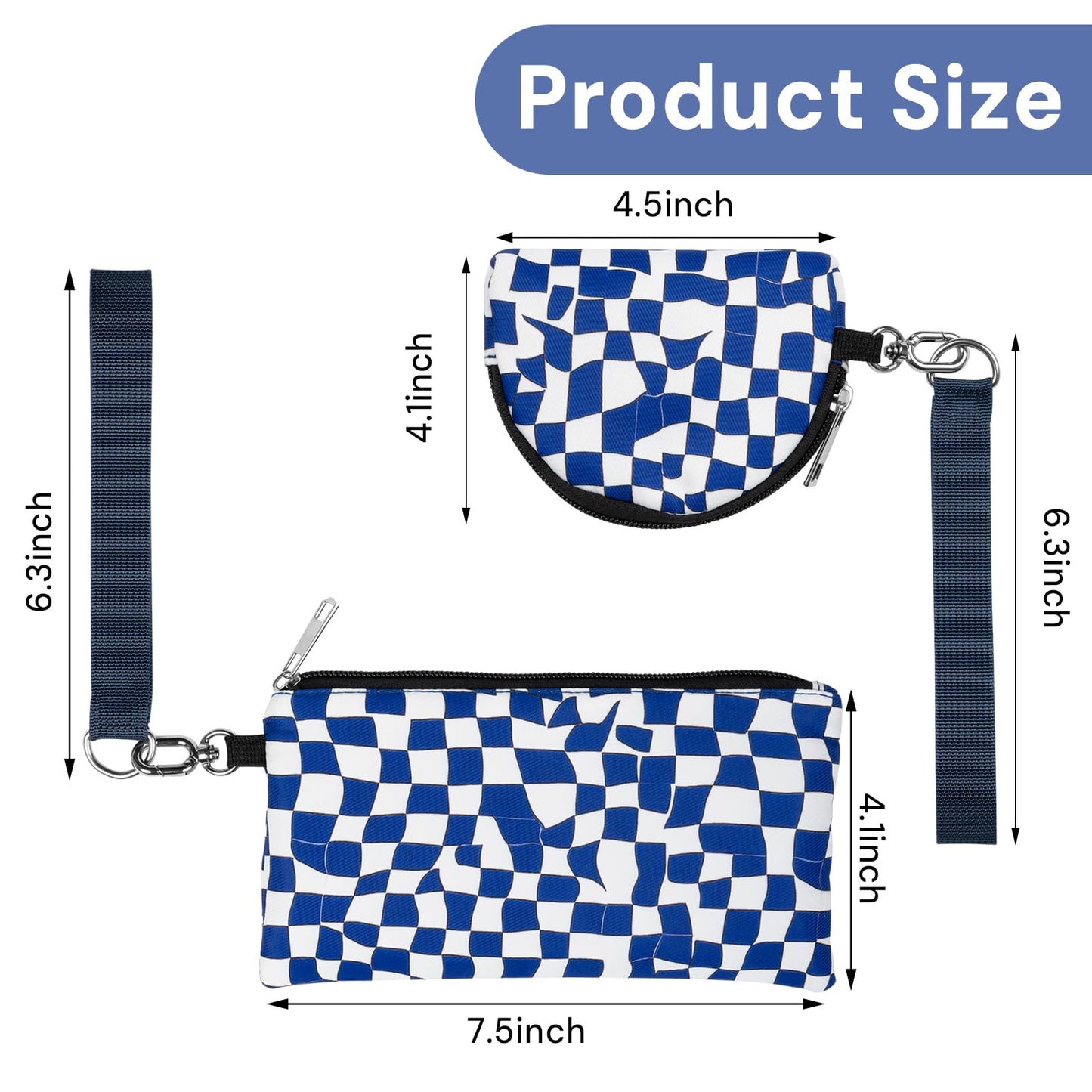 Chanoyu Printed Mini Zip Around Keychain Wristlet Wallet – Large Capacity Dual Pouch Detachable Coin Purse with Keychain, Fits Phone, Soft Nylon, Water-Resistant, Perfect for Daily Use (Blue Check)
