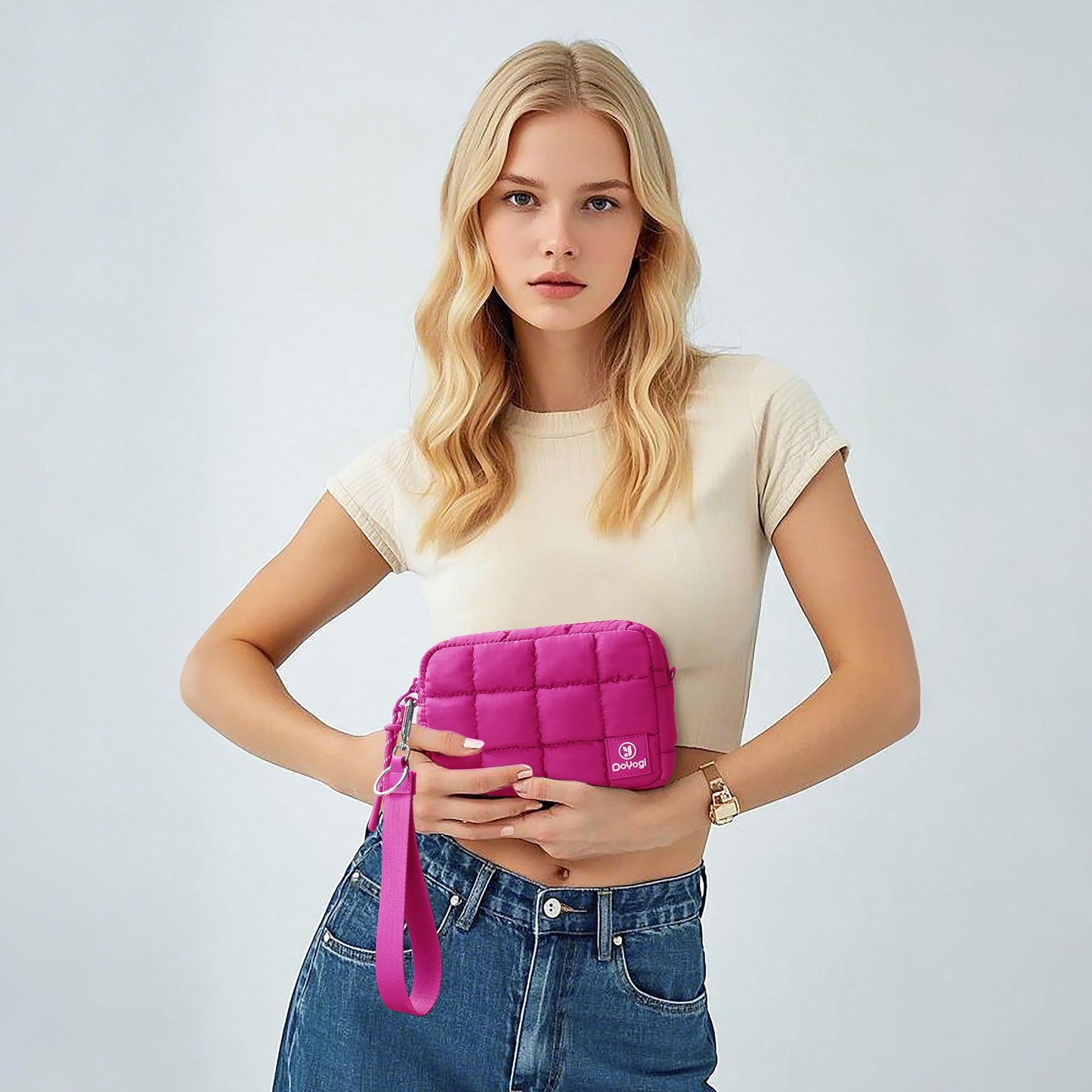 DOYOGI Quilted Cosmetic Bag, Puffer Makeup Bags, Crossbody Purses for women,Cute Travel Toiletry Bag for Women (Rose Red)