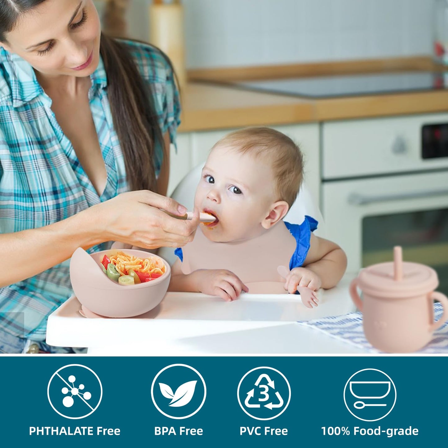 Dormlony 100% Silicone Baby Feeding Set,BPA Free Baby Dishes Set with Suction Bowl Divided Plate,Toddler Self Feeding Dish Set with Spoons Forks Sippy Cup and Bib, Baby Eating Utensils (Pink)