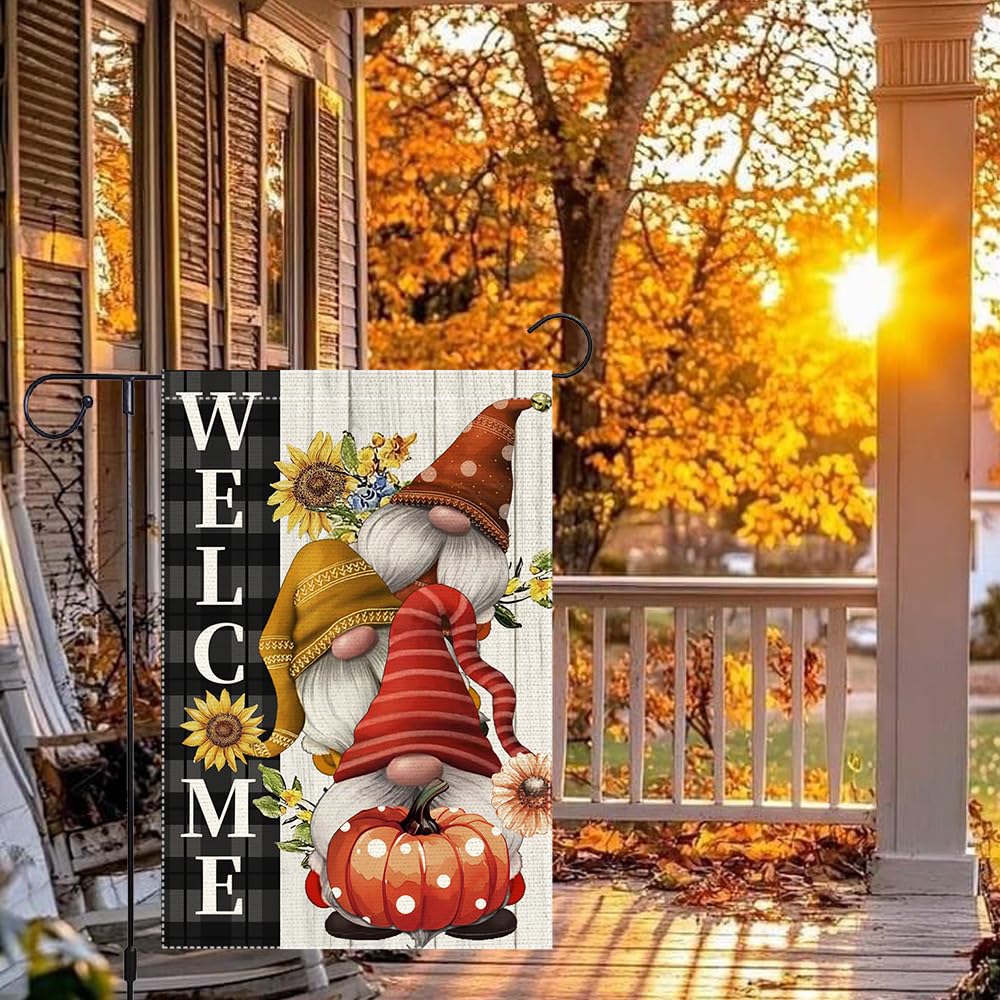 Welcome Pumpkin Fall Garden Flags Polka Dots Gnome Garden Flag Double Sided Burlap Autumn Holiday Maple Leaf Yard Outside Patio Lawn Decorations 12x18 Inch