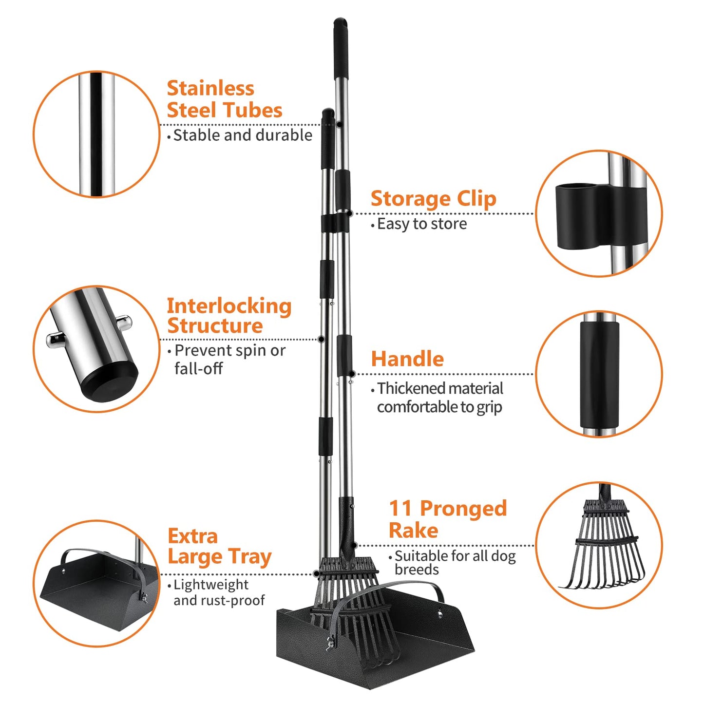 Toozey Unbreakable Dog Pooper Scooper with Extra Large Stainless Metal Poop Tray & 43.31" Long Handle Rake Scoop, Easy Waste Cleanup for Large, Medium, Small Dogs with 20 Bags