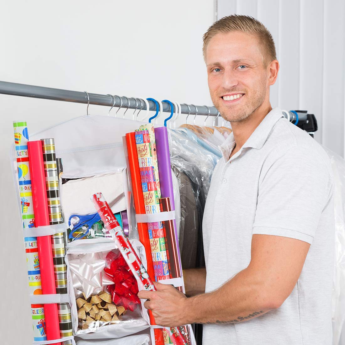 ProPik Hanging Double Sided Wrapping Paper Storage Organizer With Multiple Front And Back Pockets Organize Your Gift Wrap & Gift Bags Bows Ribbons 40”X17 Fits 40 Inch Rolls (White)