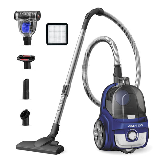 Aspiron Canister Vacuum, Upgraded 1200W Bagless Canister Vacuum Cleaner, Auto Cord Rewind, H13 HEPA Filter, 3.7Qt Large Capacity, 5 Tools for Hard Floors, Carpet, Pet, Upholstery, Tiles, Car, Blue