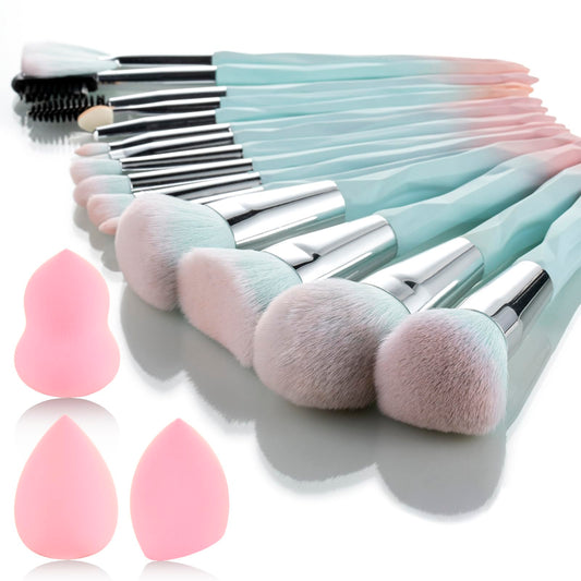 111 Pink Blue Gradient Makeup Brushes and Makeup Sponges Set 18Pcs/Set ，Soft Synthetic Fiber Makeup Brush Set，Suitable for Beginners/Makeup Artists, Valentine's Day, Christmas gifts