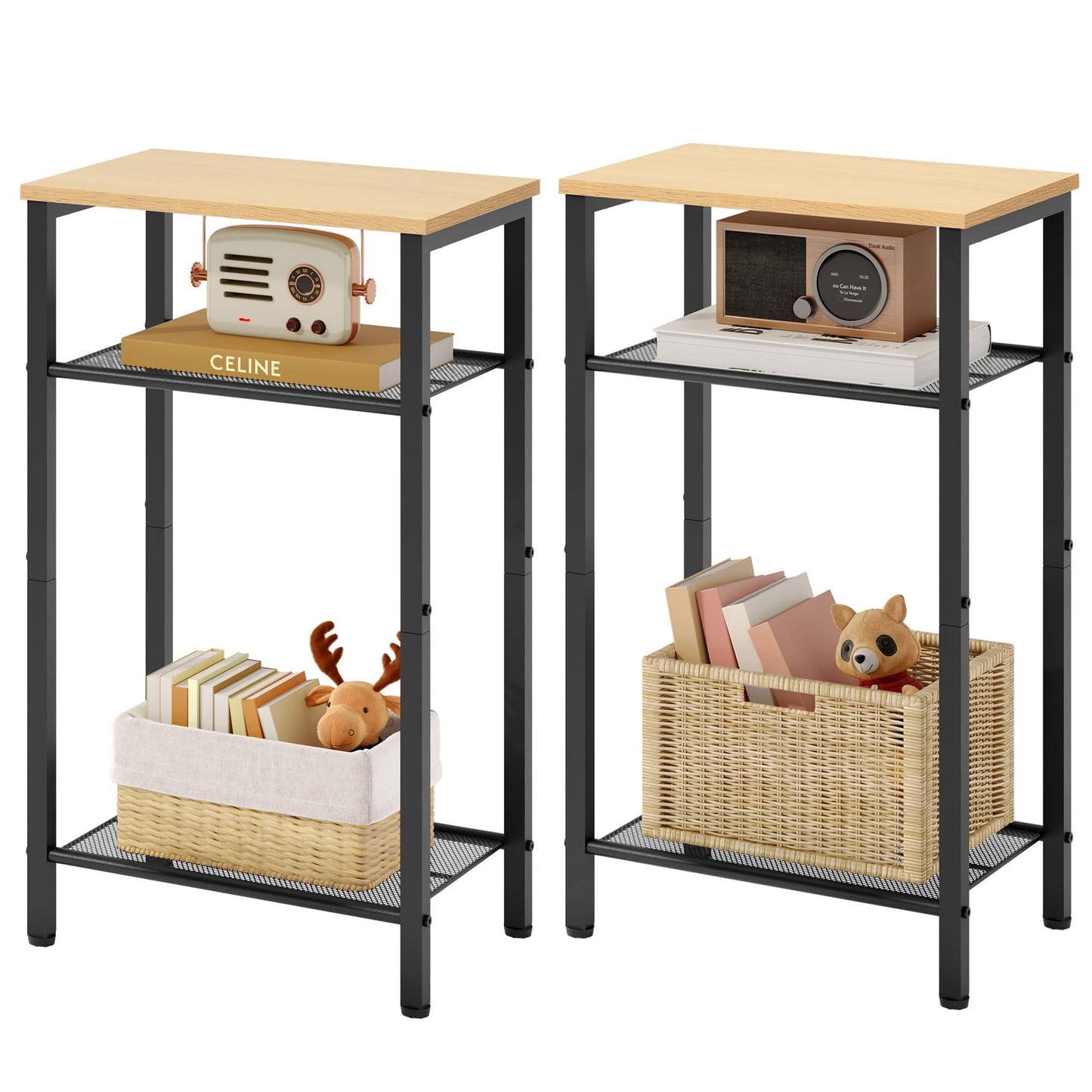 Hoctieon 2-Set 3 Tier End Table, Telephone Table Set of 2, Tall Side Table with Storage Set of 2, Small Nightstand for Small Spaces, Metal Frame, Black+Yellow Oak