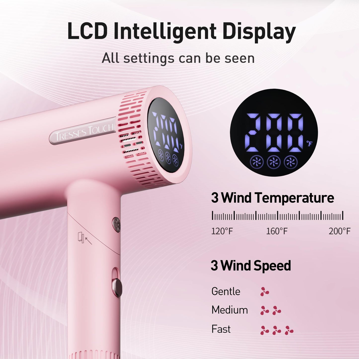 Foldable Hair Dryer, 1600W Professional Ionic Hair Blow Dryer with Nozzle for Women & Men, 3 Temps/3 Speeds, 6.56 Ft Cord, LCD Display, Best for Straight & Wavy Hair, for Home Travel, Pink