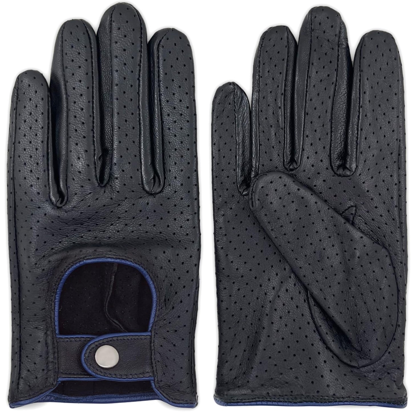 Zjjseloru Mens Genuine Lambskin Leather Driving Gloves Unlined, Touchscreen, Black&blue, XXL