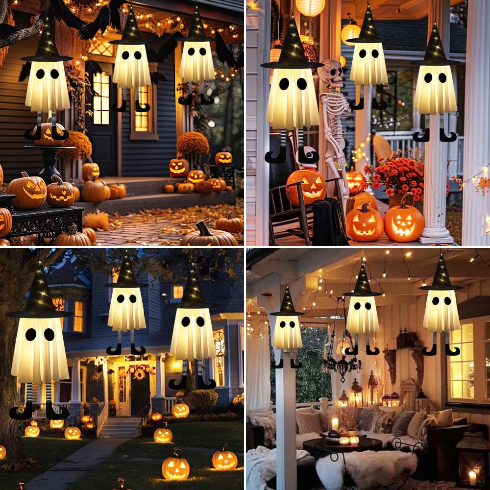 YUJUN 3 Packs Halloween Hanging Ghosts Decorations,Halloween Outdoor Indoor Witch Hat Glowing Ghost Lights Decor for Yard Patio Garden Tree Outside
