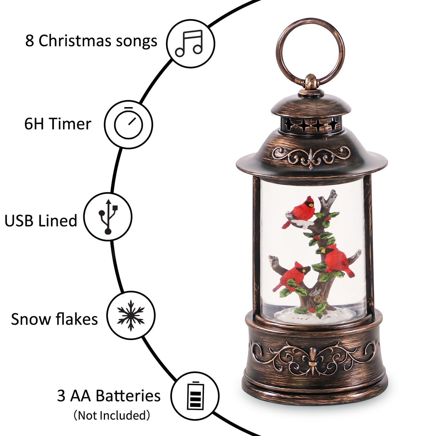 sinofayar Christmas Snow Globes,Glittering Cardinal Lantern with 6h Timer & 8 Music Songs,USB Battery Operated Box for Decorations Indoor Tabletop Gifts