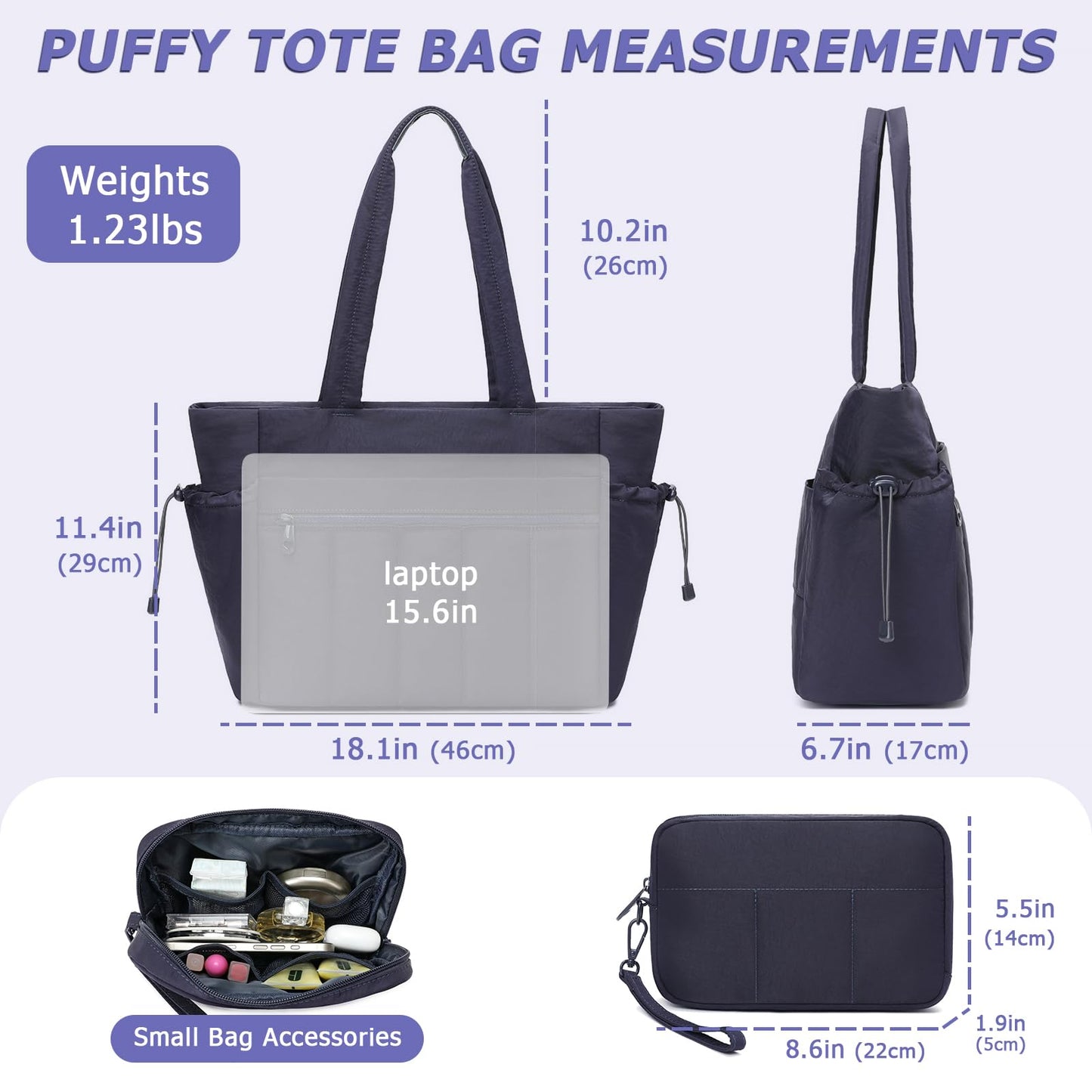 Tote Bag for Women, Lightweight Puffer Tote Bag with Compartments, Quilted Shoulder Bag Handbag with Zipper for Work Blue (2 Pack)