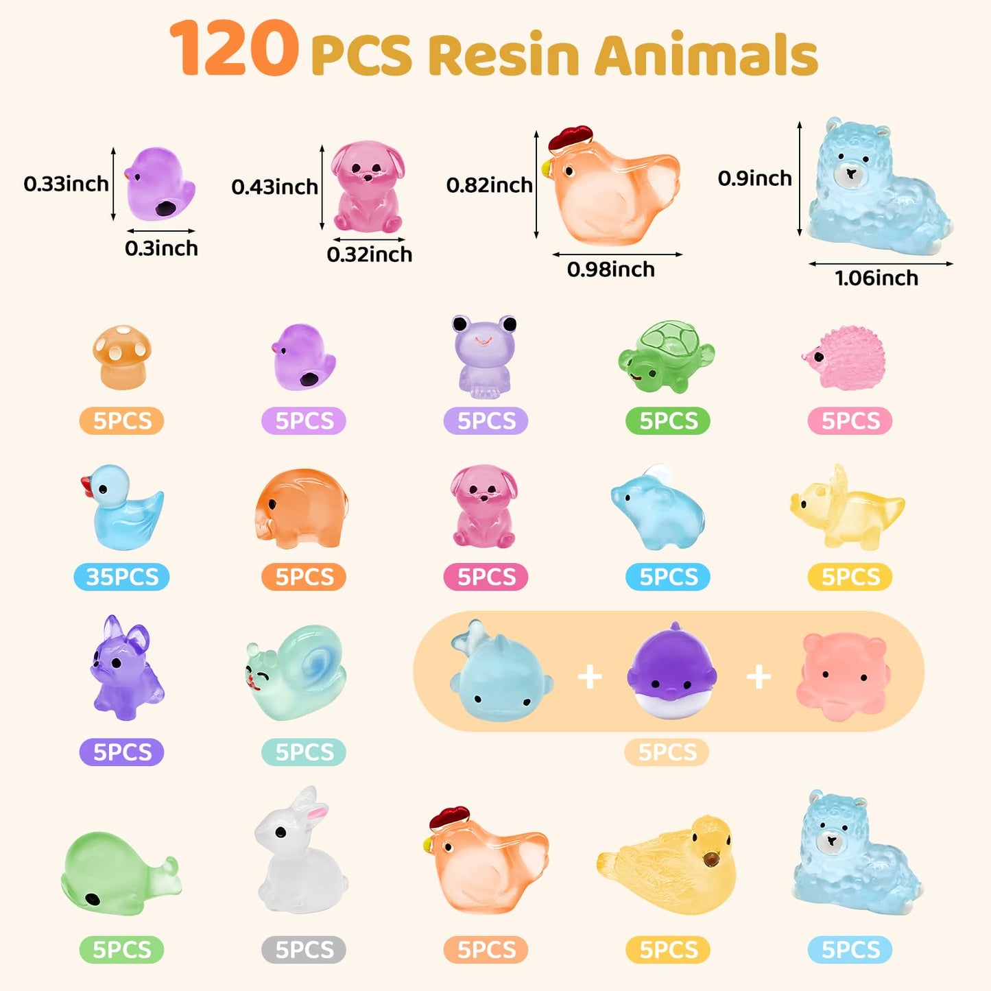 120PCS Luminous Mini Resin Animals Tiny Animals Figures to Hide, Mini Ducks Chicken Rabbits Glow in The Dark Miniature Fairy Garden Accessories, Landscape Dollhouse Decor Aquarium Potted Decoration