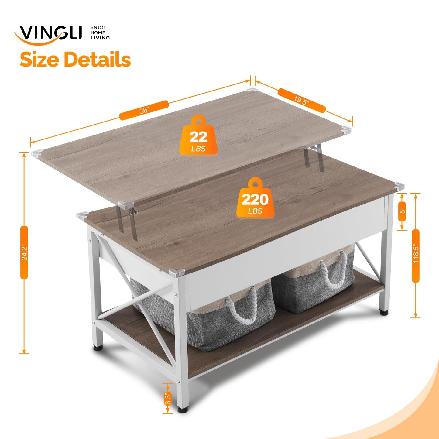 VINGLI 36" Lift Top Coffee Table with Free Cloth Storage Bins, White Walnut Framhouse Coffee Tables for Living Room, Small Modern Coffee Table for Small Space in Minimalistic Style, Dark Walnut