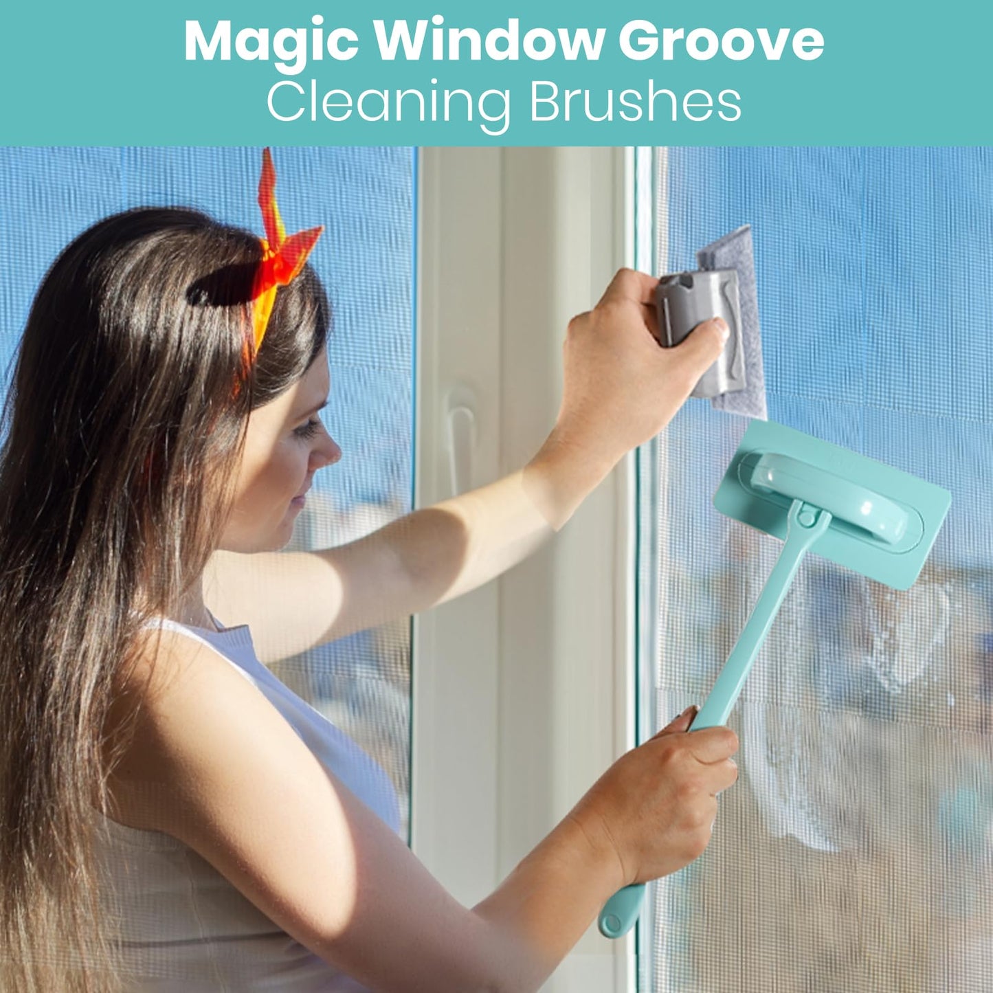 Window Screen Cleaner & Track Cleaning Kit – Mesh Screen Cleaning Brush + 3 Groove Brushes & 6 Replacement Cleaning Cloths – 14.8″ Detachable Long-Reach Handle, Wet & Dry Dual-Use