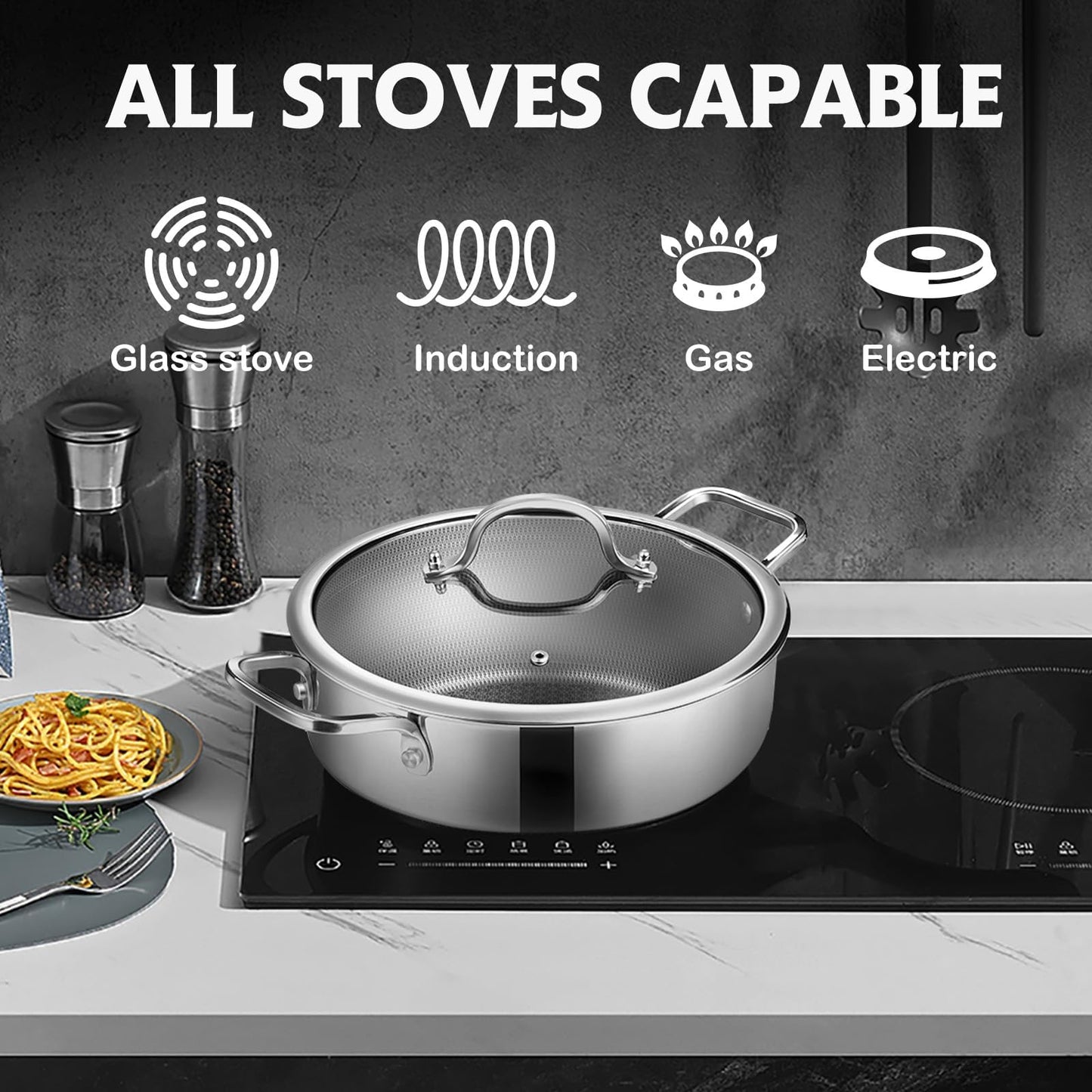 SNOWCLAD Saute Pan,Hybrid Non Stick 5 Quart Everyday pan,Chicken Fryer, PFOA Free Cookware,12 inch Deep Frying Pans with Lid,Dishwasher and Oven Safe,Works on Induction,Ceramic and Gas Cooktops